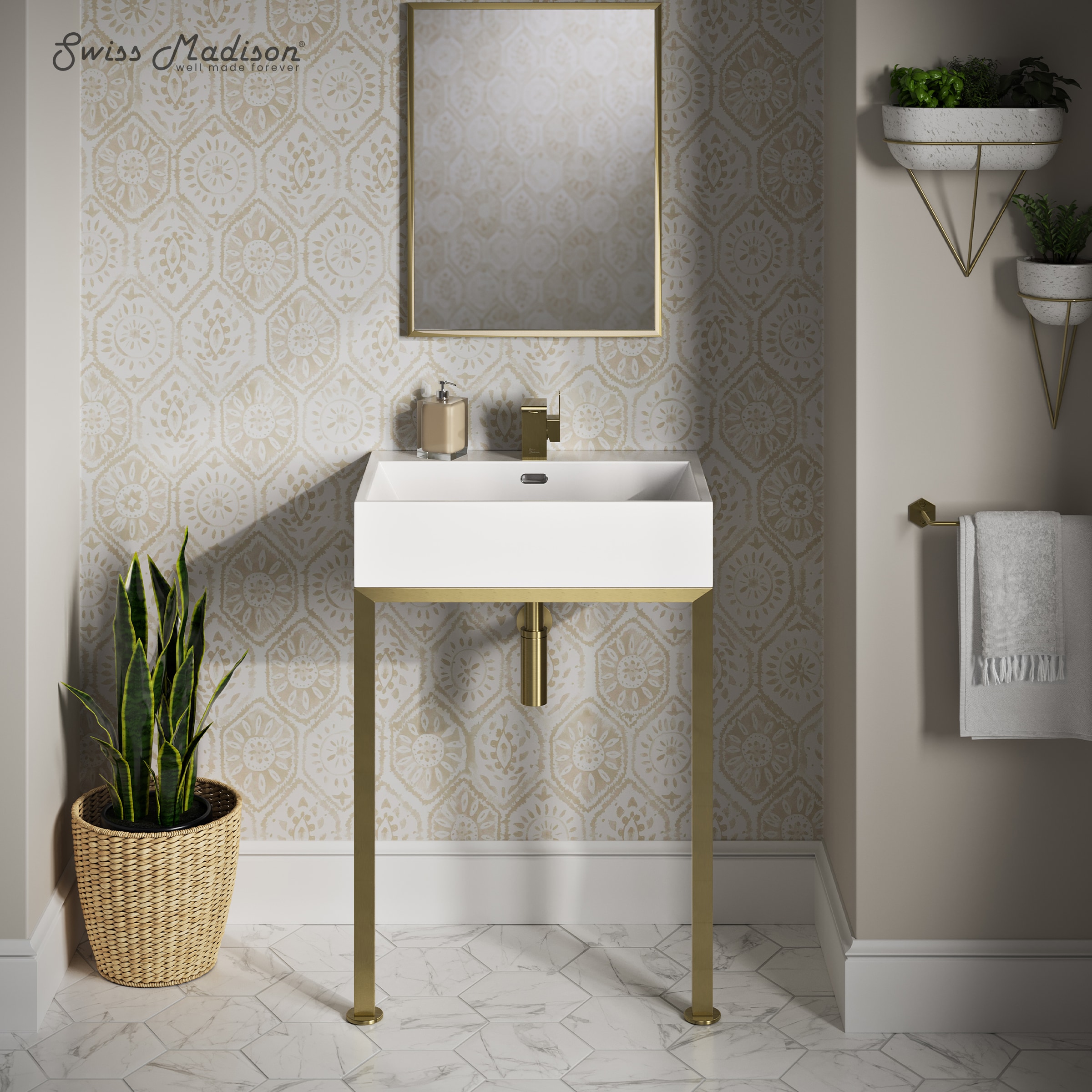 Swiss Madison SM-25-CSBAS09GD Bastille Ceramic 24-in Wall-mount Modern Brushed Gold Console Sink with Base