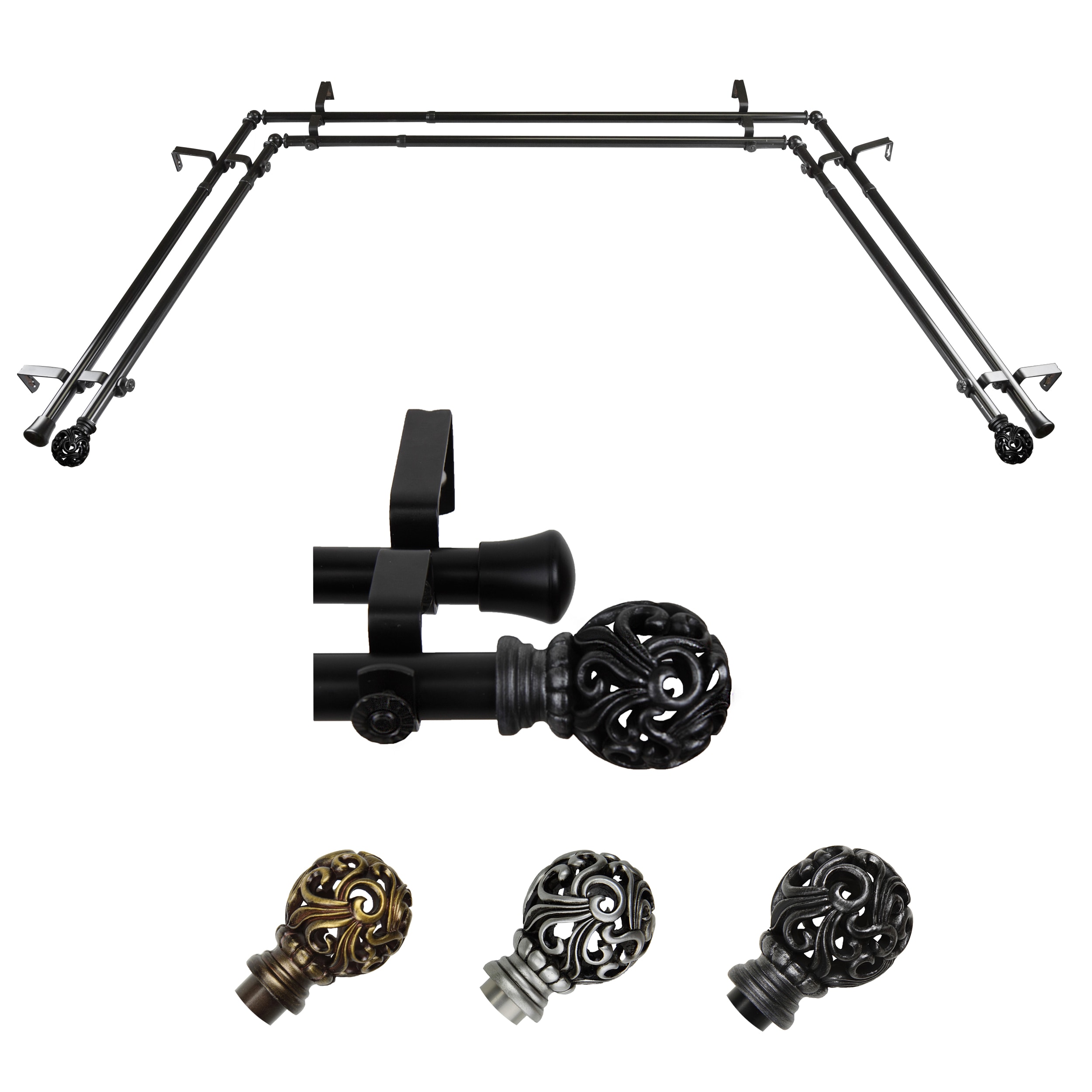Hart & Harlow L-ABAY-16-2D Bisset 13/16-in Double Bay Black Steel Bay window curtain rod with Finials