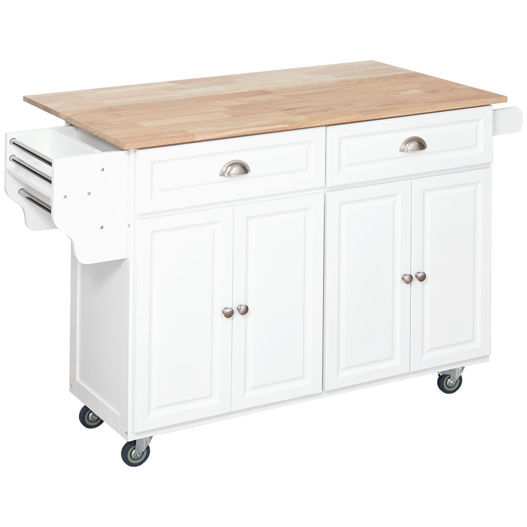 HomCom 801-060V01WT Rolling Kitchen Island Cart with Drop Leaf Kitchen Cart on Wheels with Rubber Wood Top 2 Drawers and 2 Storage Cabinets Island Table for Kitchen Dining Room White