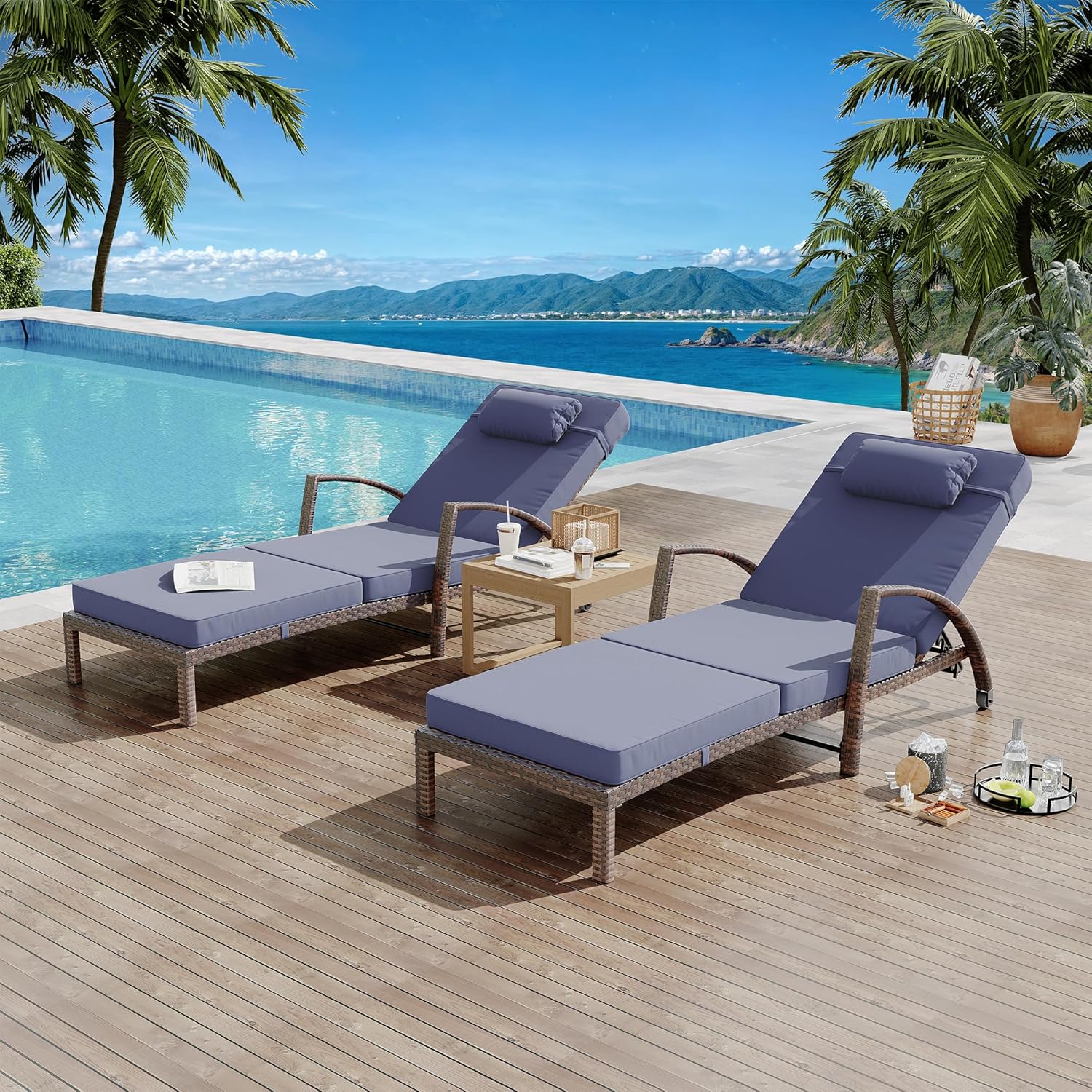 Qeetex LHF-HW-PPG-339D7FGR Outdoor Chaise Lounge Chairs Set of 2 Patio Rattan Reclining Chair with 5-Position Adjustable Backrest All-Weather Pool Sunbathing Recliners with Rolling Wheels for Outside - Brown and Blue