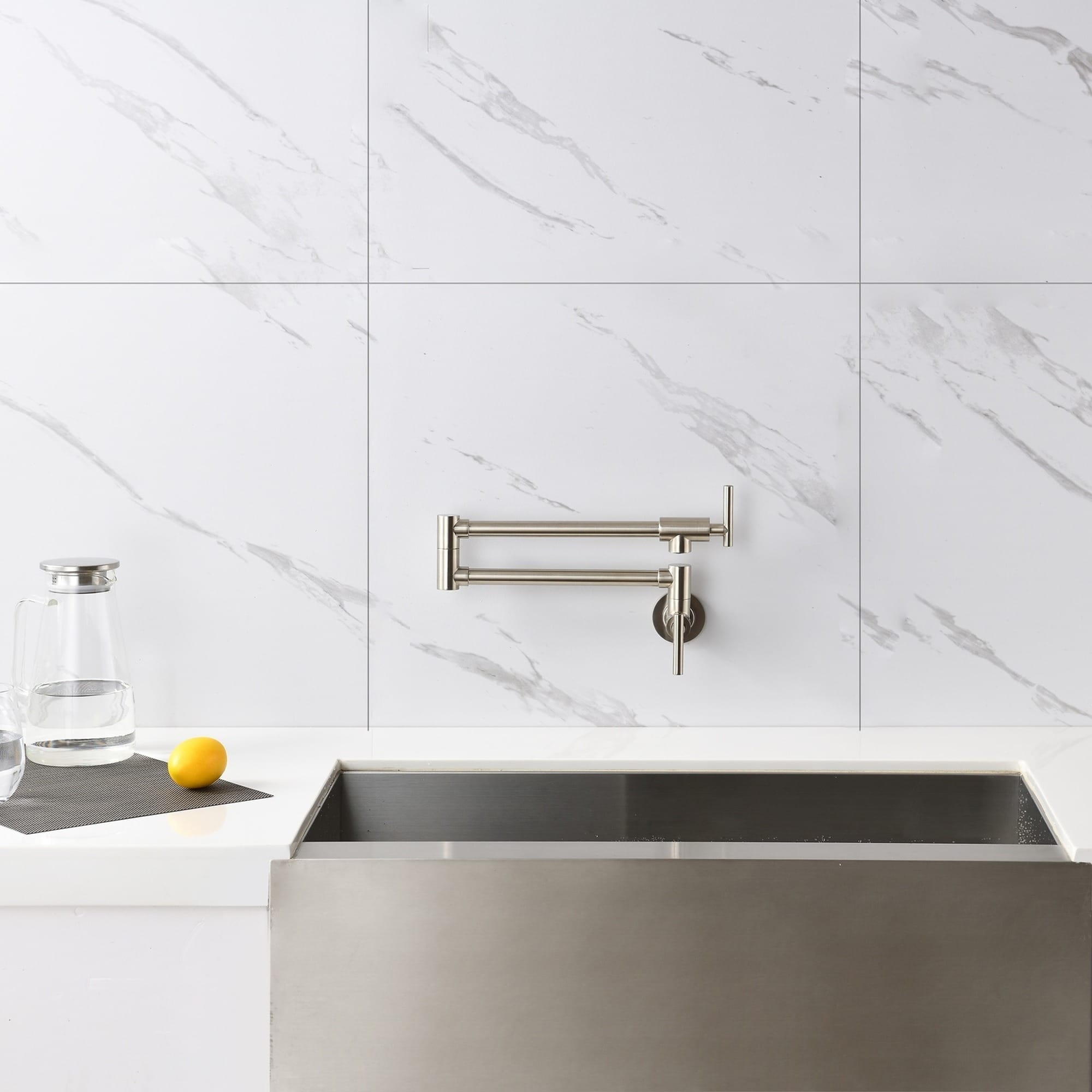 IAK Brushed Nickel Brass Wall Mount Folding Kitchen Pot Filler Faucet with Free-Swivel Arm Design