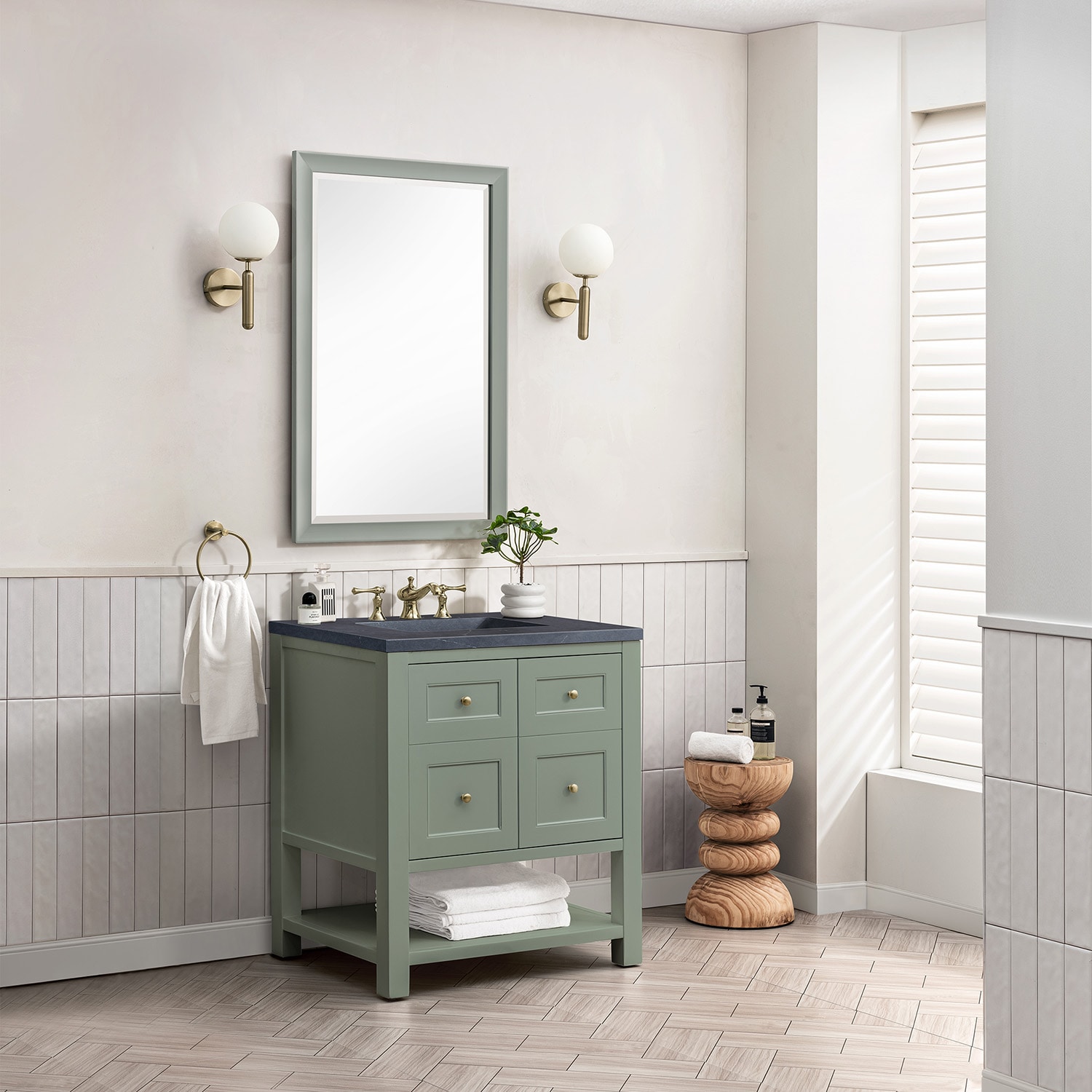 Smokey Celadon Solid Wood Single Vanity with Charcoal Soapstone Top