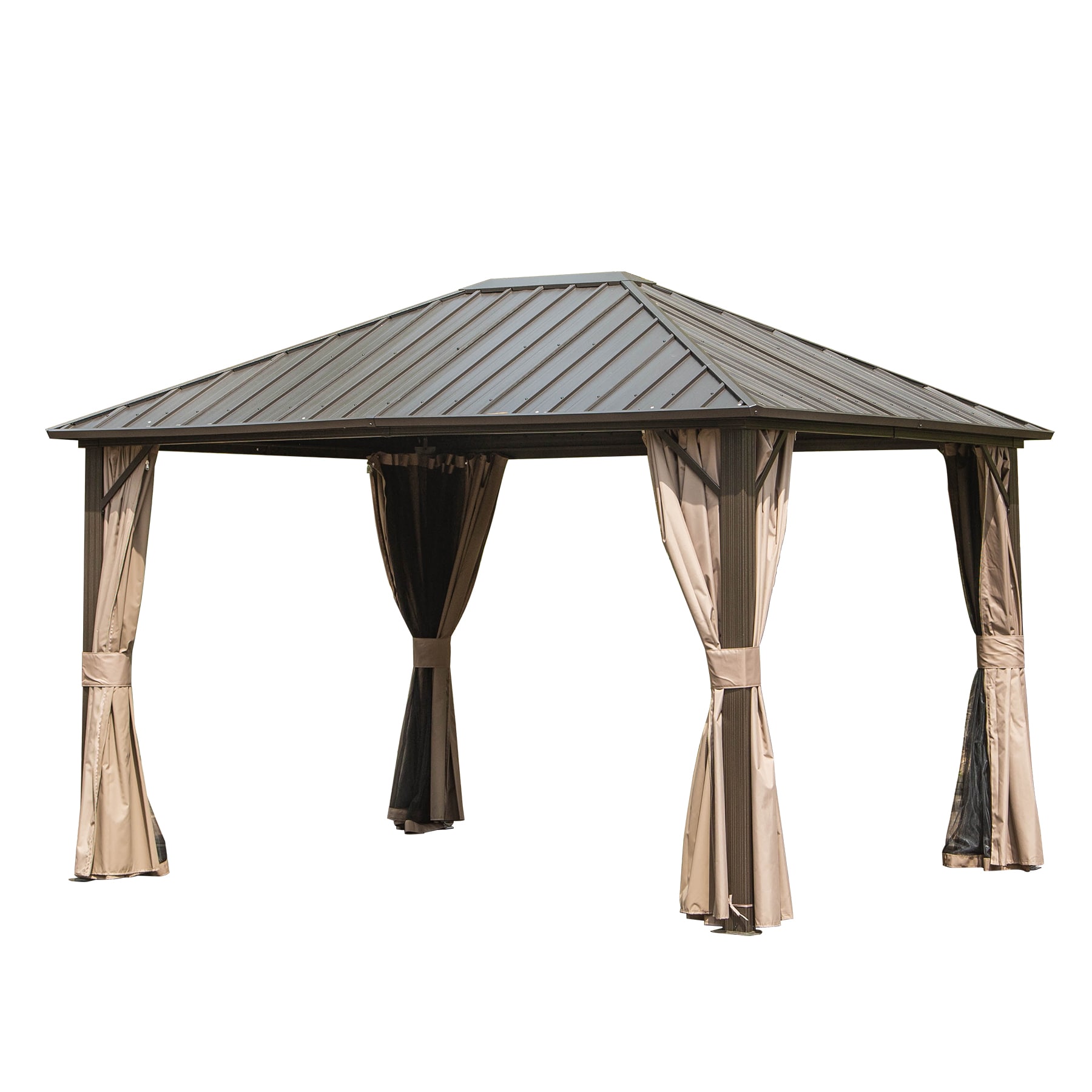 12-ft x 10-ft Rectangle Dark Brown Metal Steel Roof Gazebo with Screen Included Polyester | - Kahomvis CREFISE-QP109-020