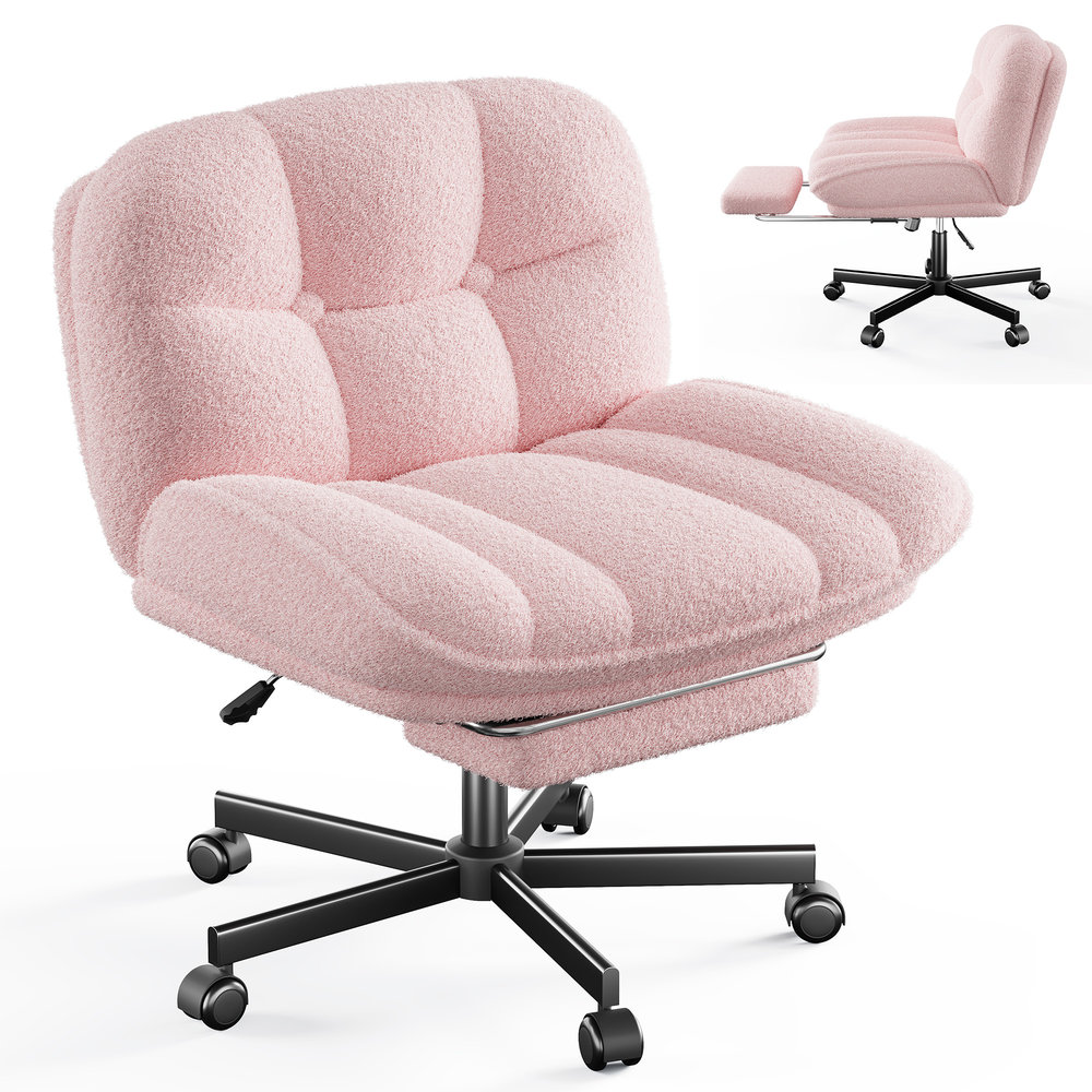Raybee Cross-Legged Accent Chair with Retractable Footrest 6.3-in Thick Cushion Office Desk Chair with Wheels Height Adjustable Vanity Chair Pink