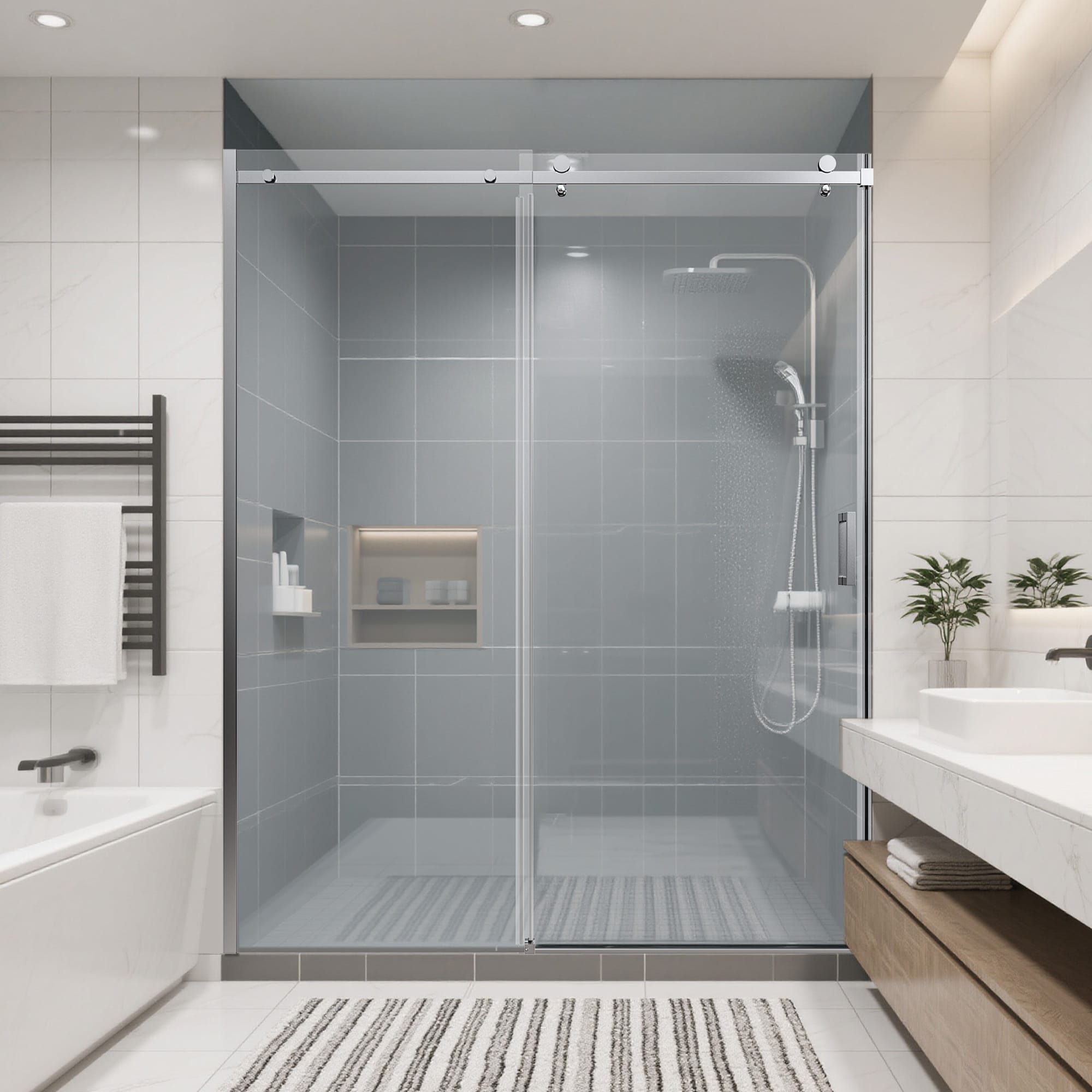 GDFStudio 56-60 Inch W x 74 Inch H Frameless Single Sliding Shower Door Chrome with 8mm Tempered Glass Square Tube Handle Reversible