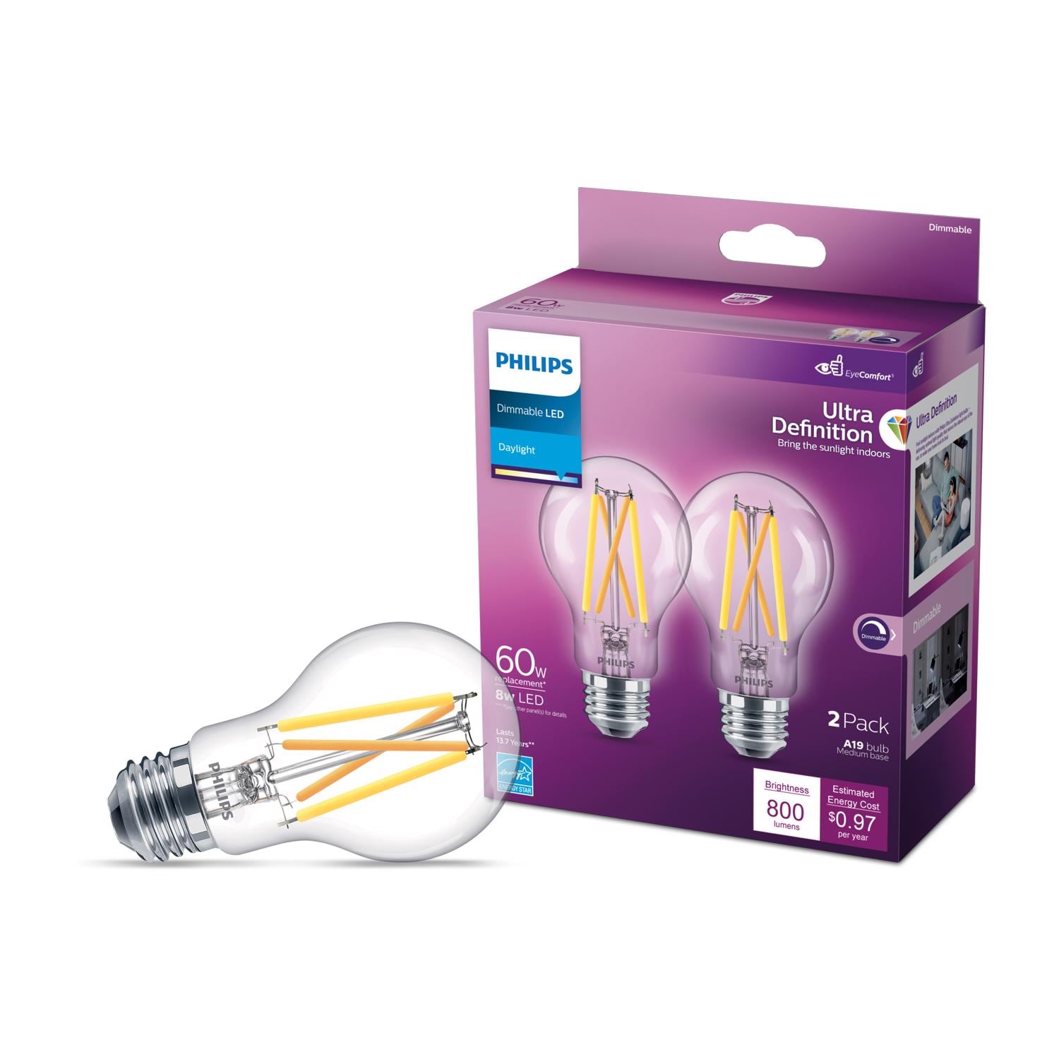 Philips Ultra Definition A19 E26 Medium LED Bulb Daylight 60 Watt Equivalence 2 pk
