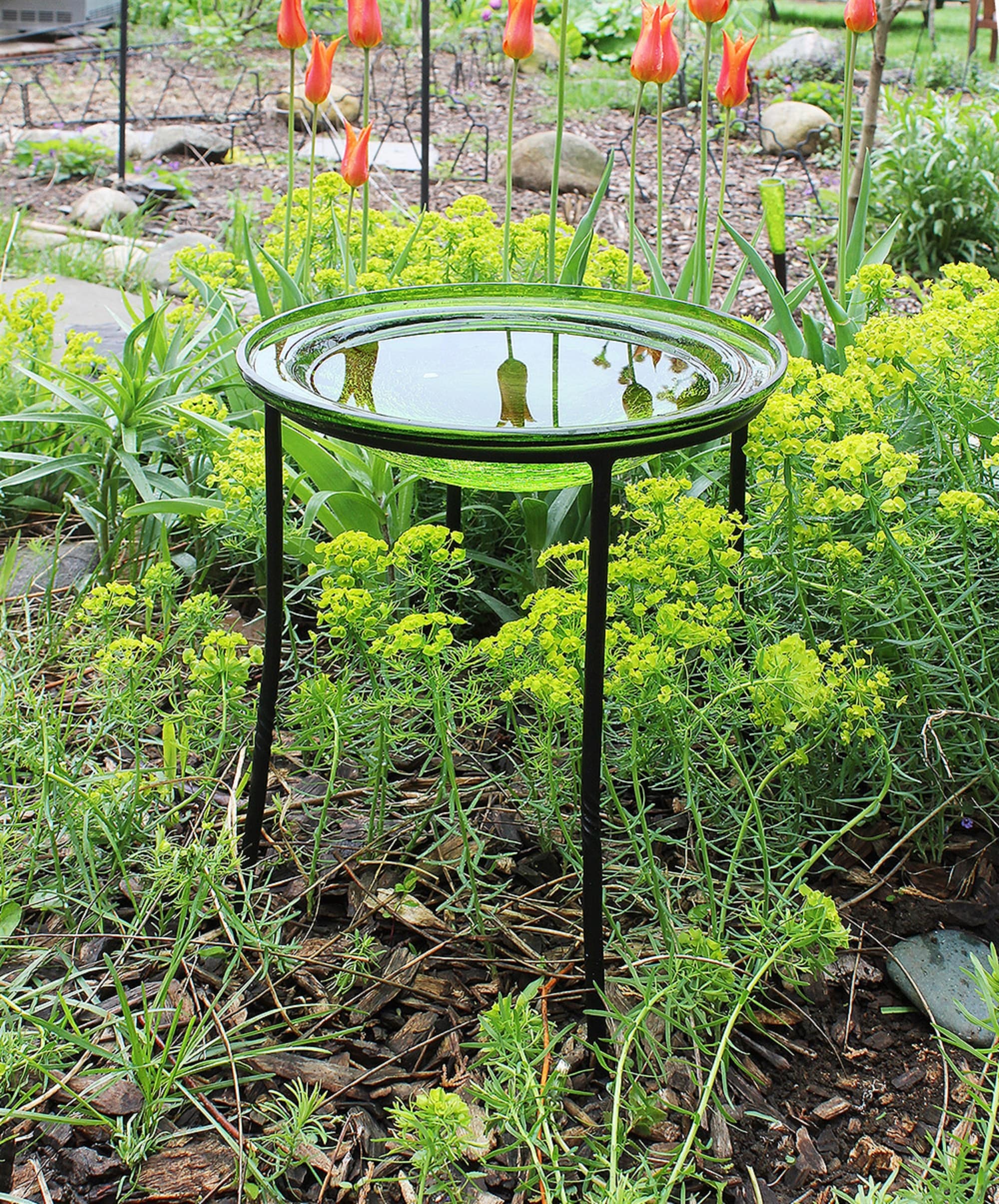 Fern Green Crackle Glass Hanging Birdbath Bowl