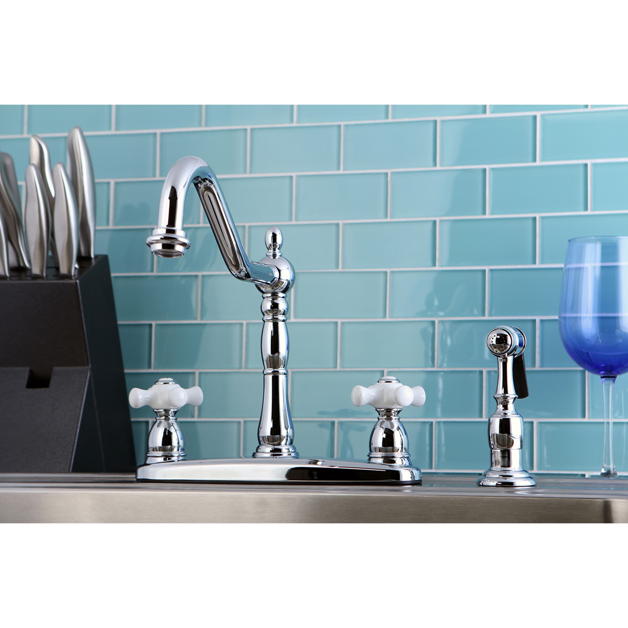 Elements of Design EB1751PXBS New Orleans Chrome Double Handle Deck-mount Bridge Kitchen Faucet ( Deck Plate Included ) ( Side Sprayer Included )