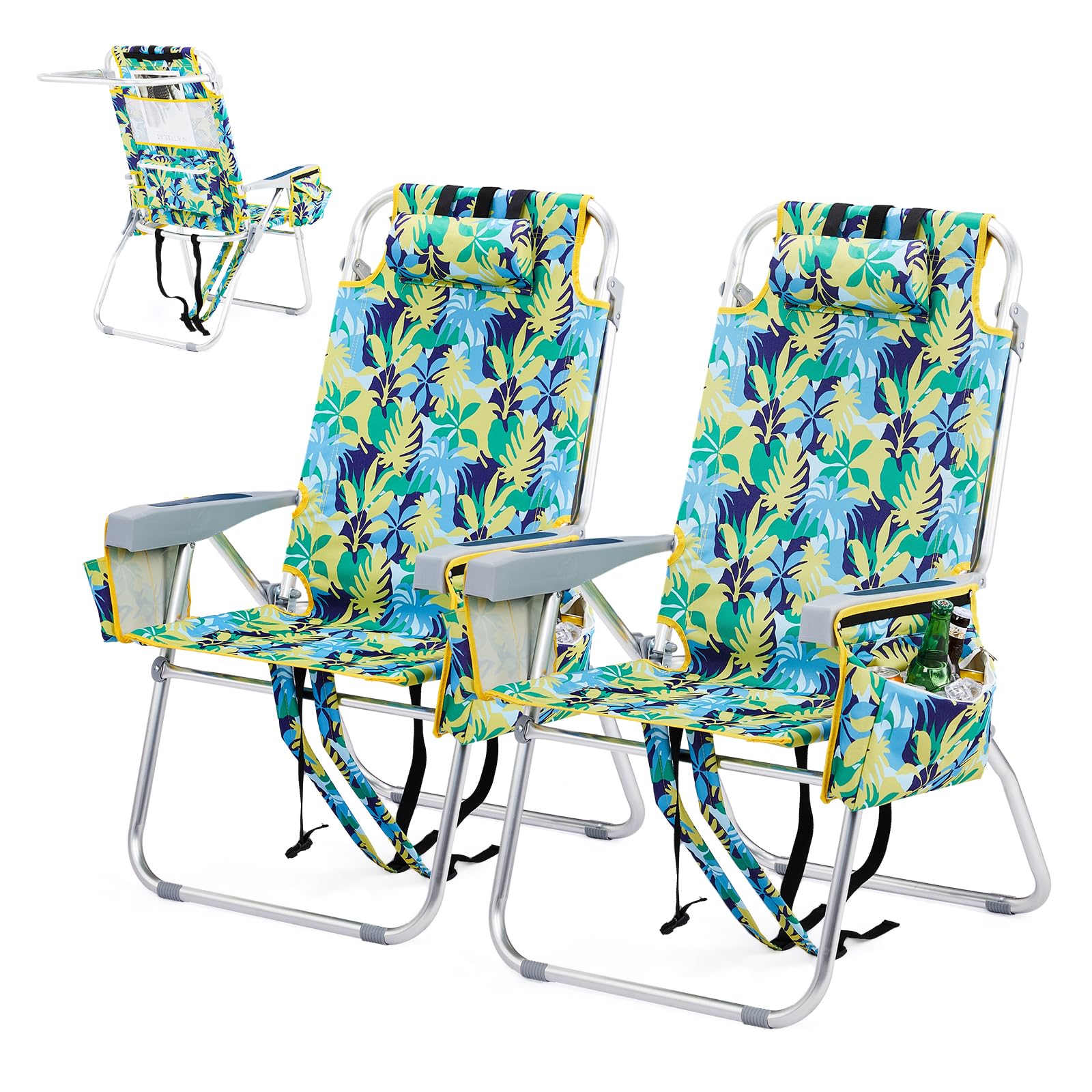 VINGLI Beach Chair Set of 2 16-in H with 5-Position Cooler Bag Cup Holders and Towel Bar for Adults Lightweight Yellow Leaf