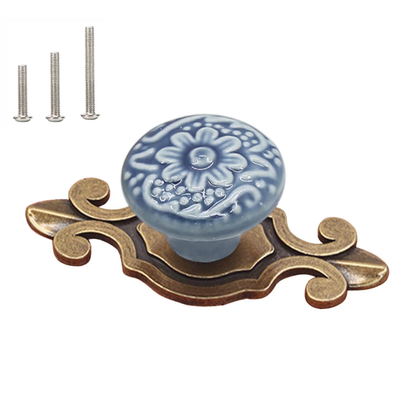 SenQWFa  10 Pack Retro Ceramic Knobs Vintage Petal Cabinet Pulls Blue Knob with Bronze Base for Dresser Kitchen Cupboard Wardrobe Drawer Handles