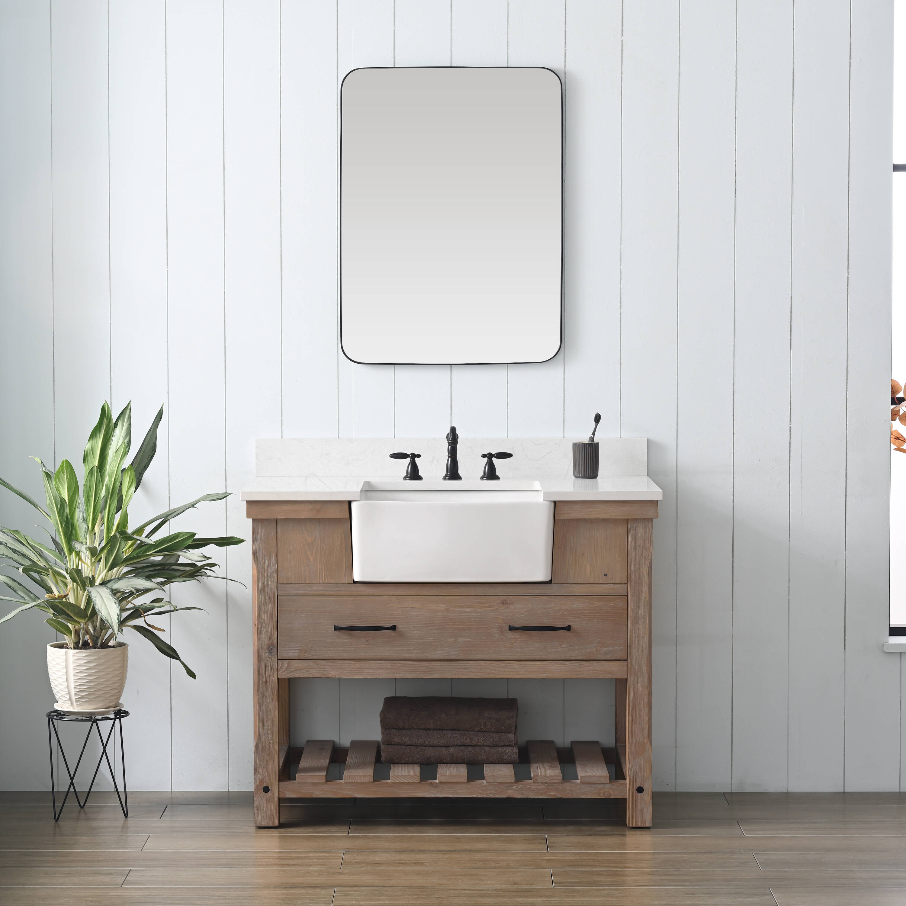 Sudio Design WESLEY-42WN WESLEY WEATHERED 42-in Weathered Natural Undermount Single Sink Bathroom Vanity with Ariston White Engineered Stone Top