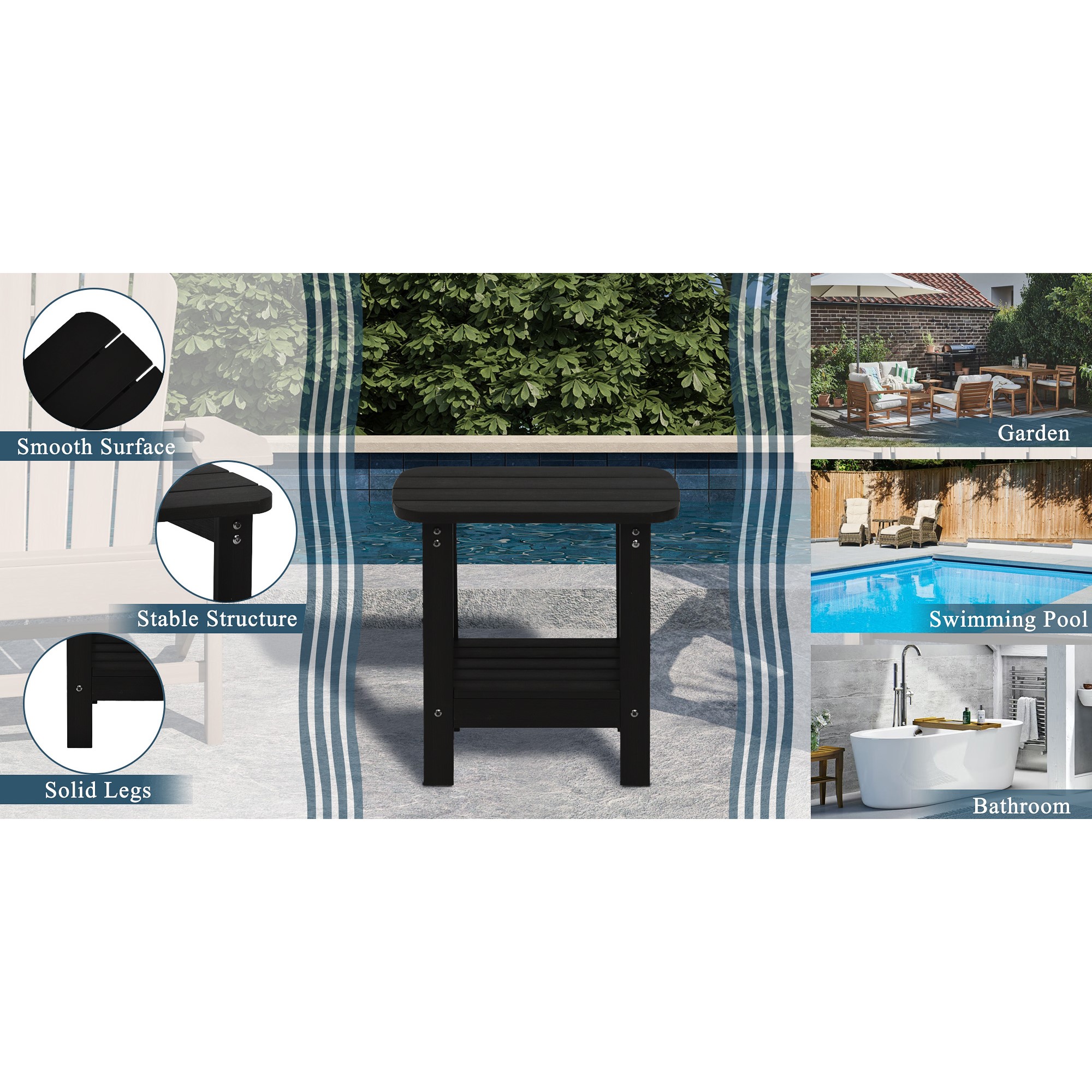 Black Solid Fir Wood Outdoor Side Table