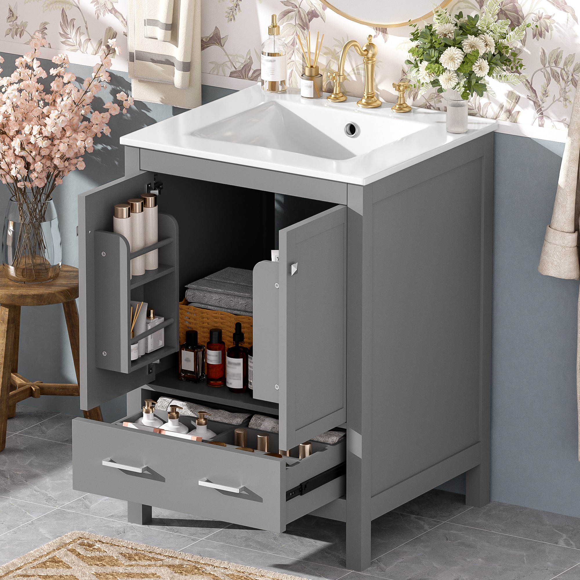 GDFStudio 343670 Aria  24 Inch Bathroom Vanity with Integrated Undermount Basin and 2 Doors 1 Drawer Soft-close Grey