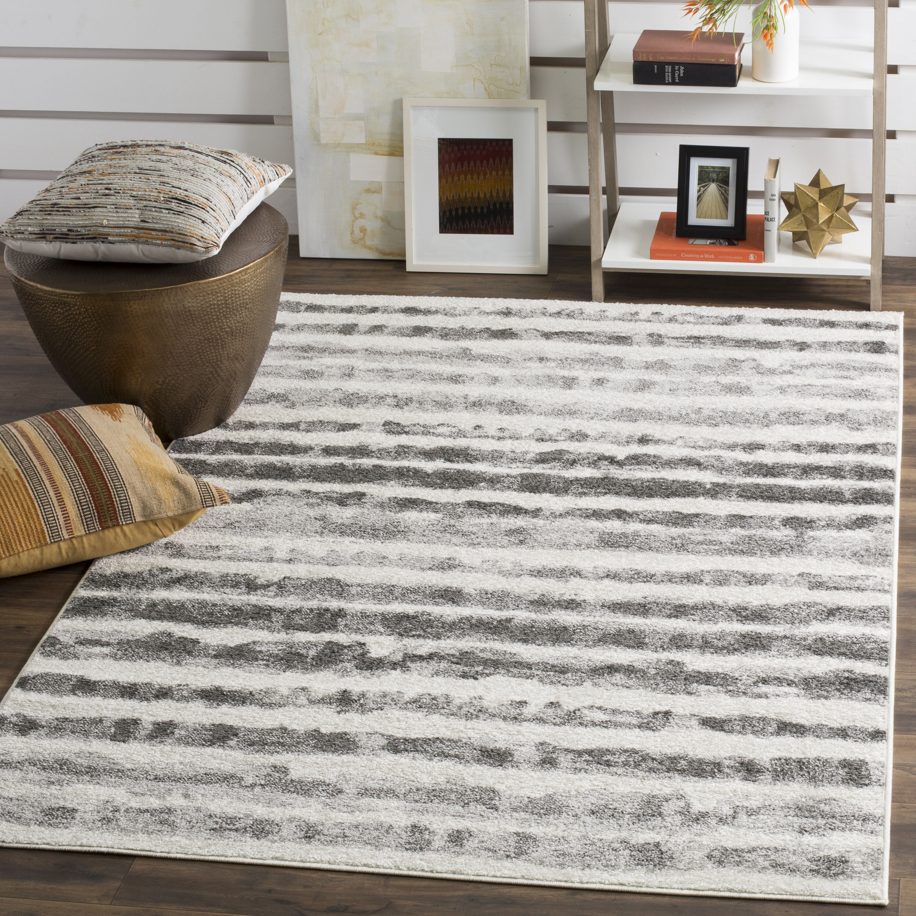 Ivory and Charcoal Reversible Square Synthetic Rug - Easy Care 47"