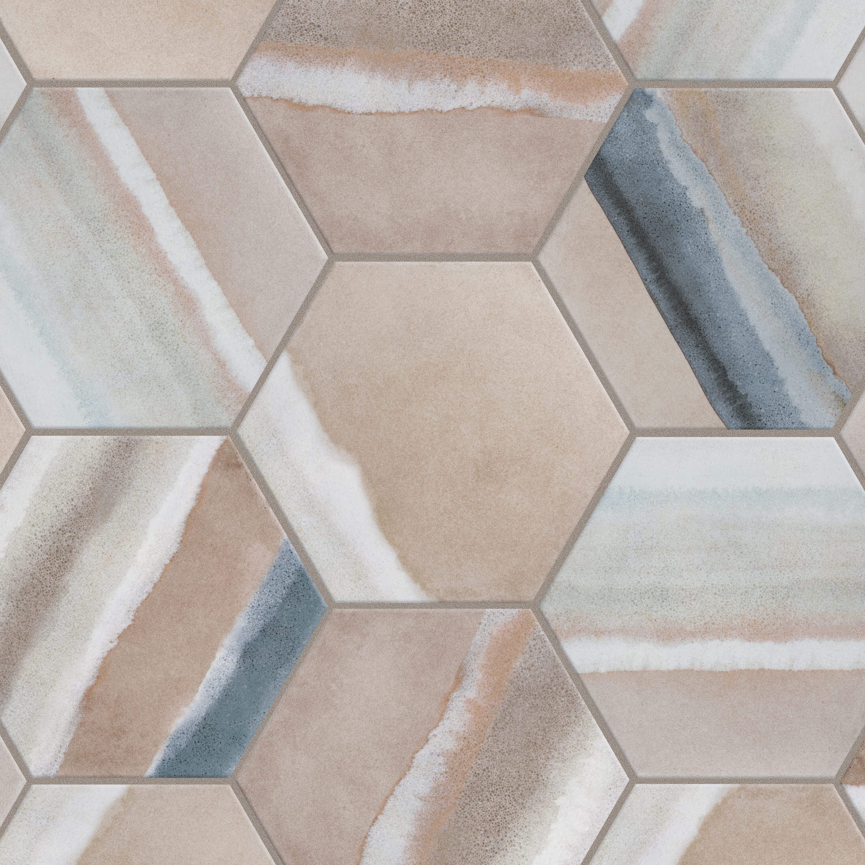 Taupe and Blue Hexagon Porcelain Floor and Wall Tile