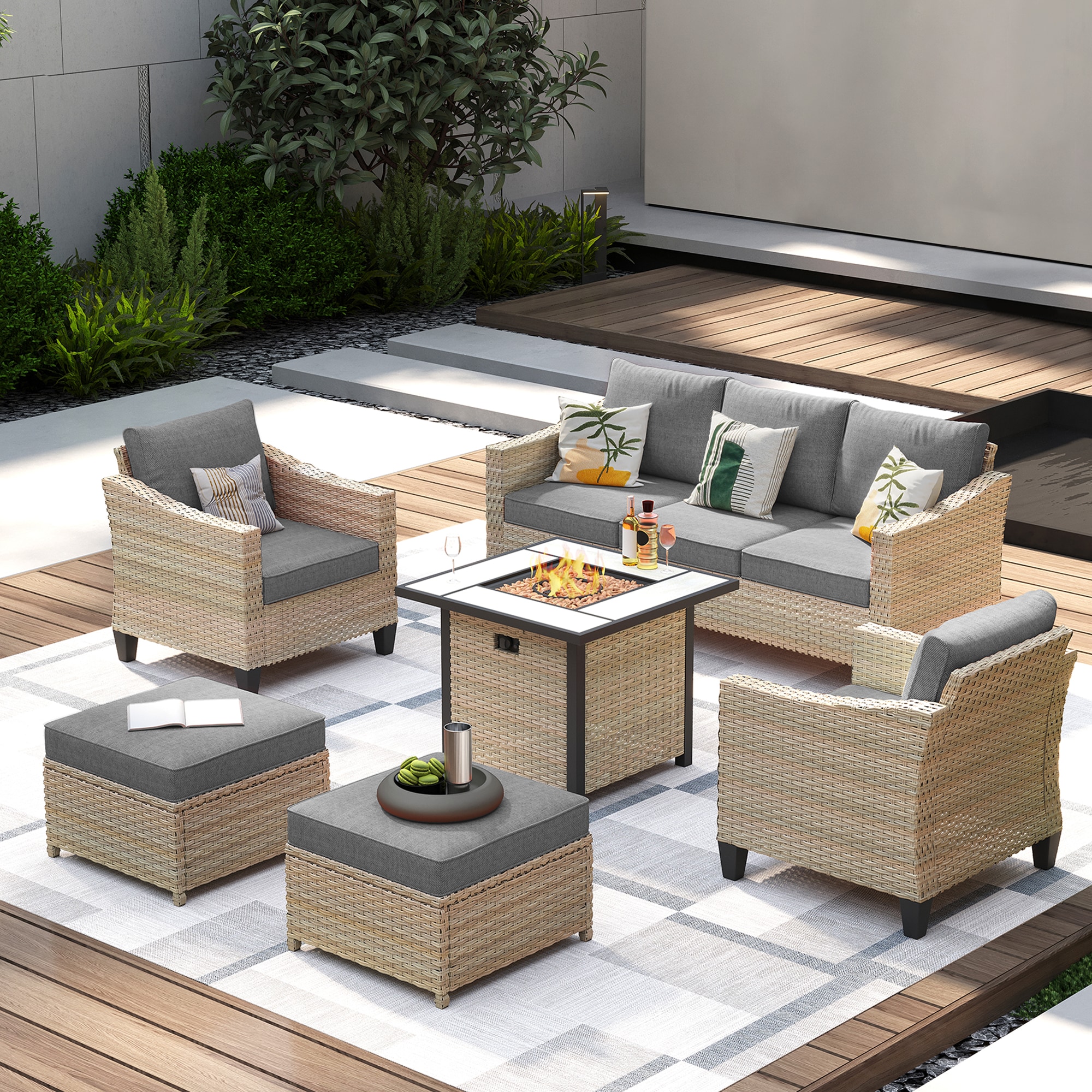 weaxty HMBFPDAR405 Athena 6 -Piece Rattan Patio Sofa Conversation Set with Gray Cushions