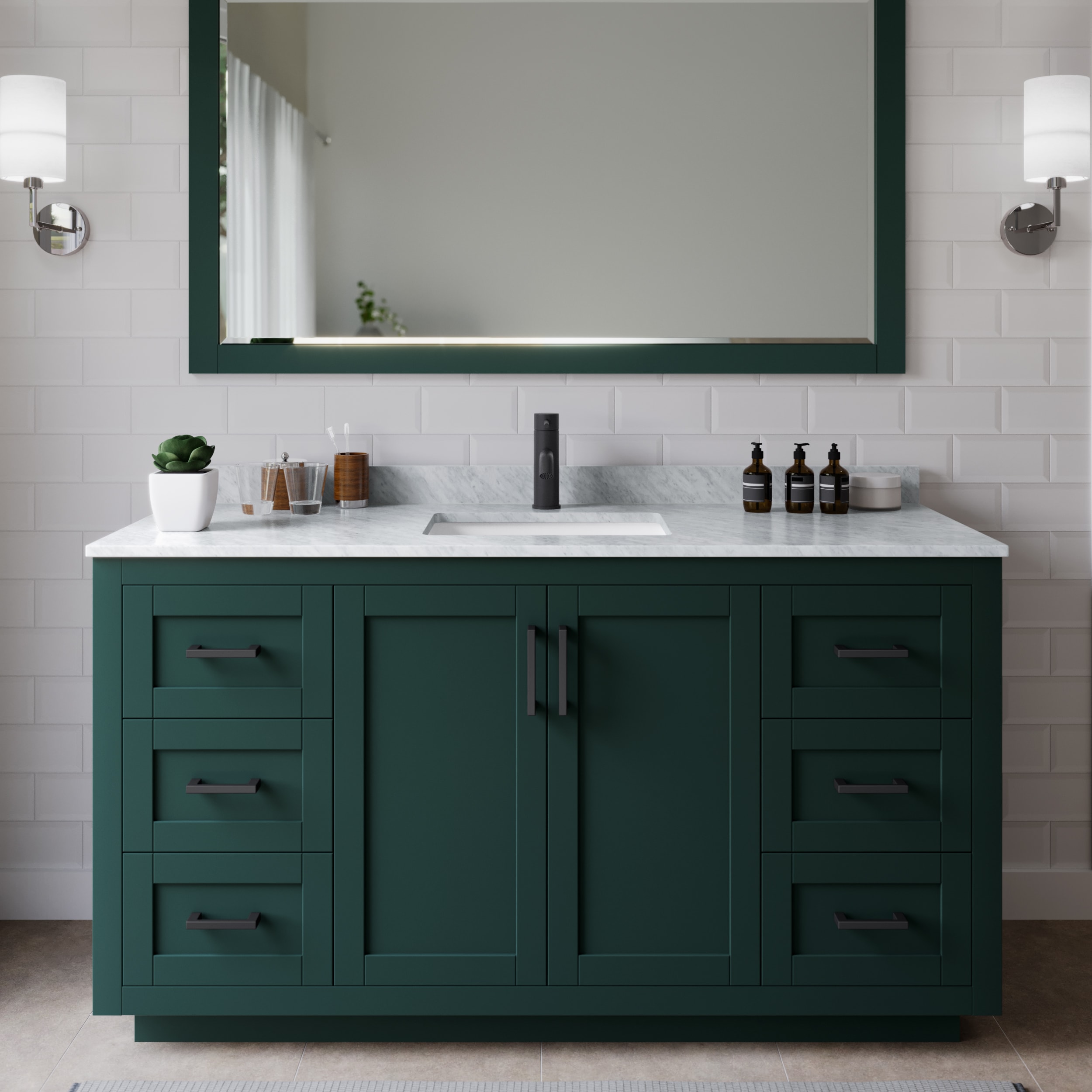 Wyndham Collection WCF292960SGKCMUNSMXX Miranda 60-in Green with Matte Black Trim Undermount Single Sink Bathroom Vanity with White Carrara Marble Marble Top