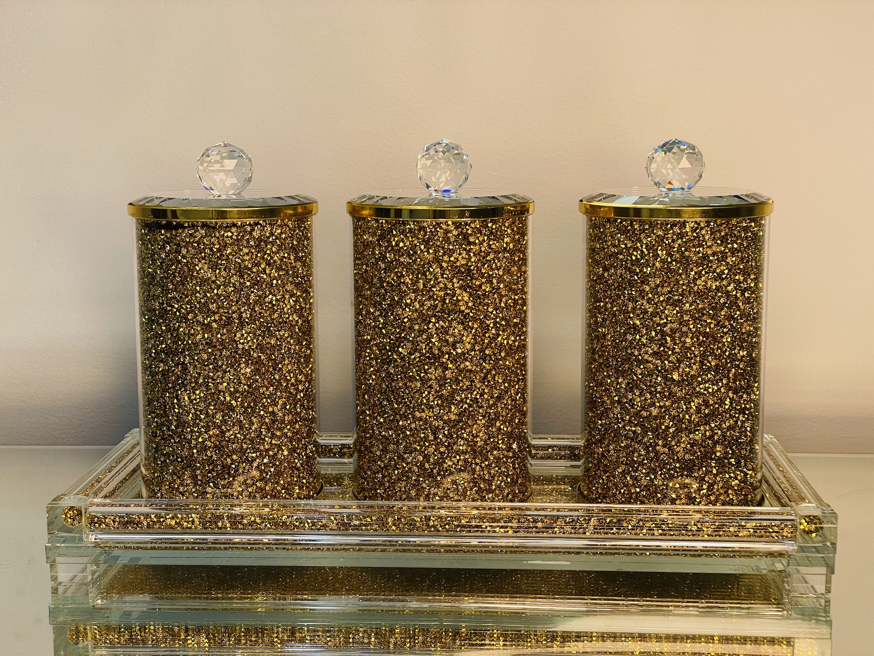 Glass Column Canisters with Bronze Lids, Set of 3