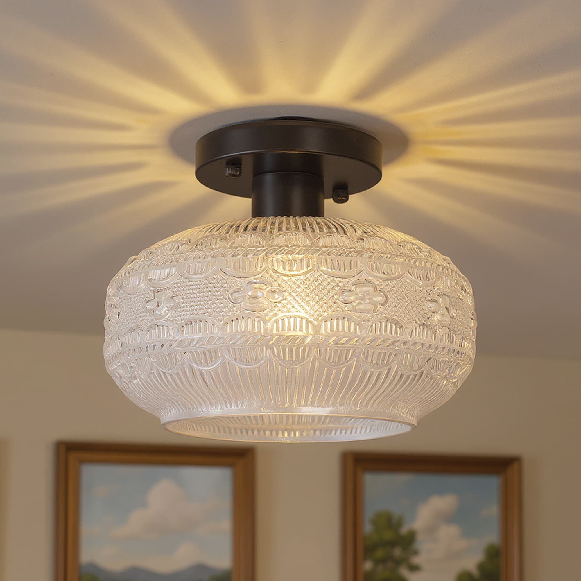DORESshop 9.5 in  Light Black Semi Flush Bowl Ceiling Light Vintage Glass Farmhouse Fixture for Hallway Bedroom Kitchen