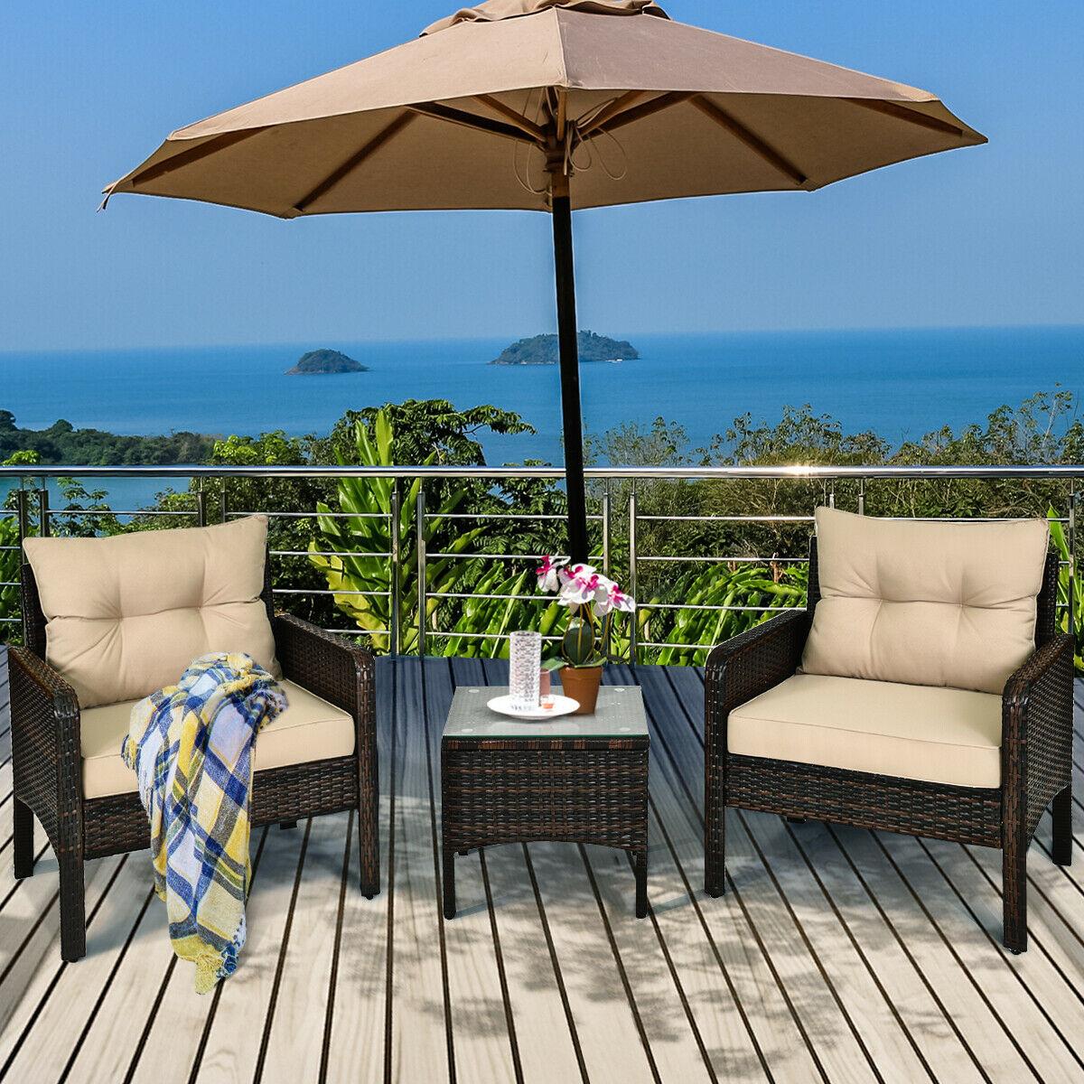 BABOOM 3-Piece Rattan Patio Conversation Set With Off-white Cushions In ...