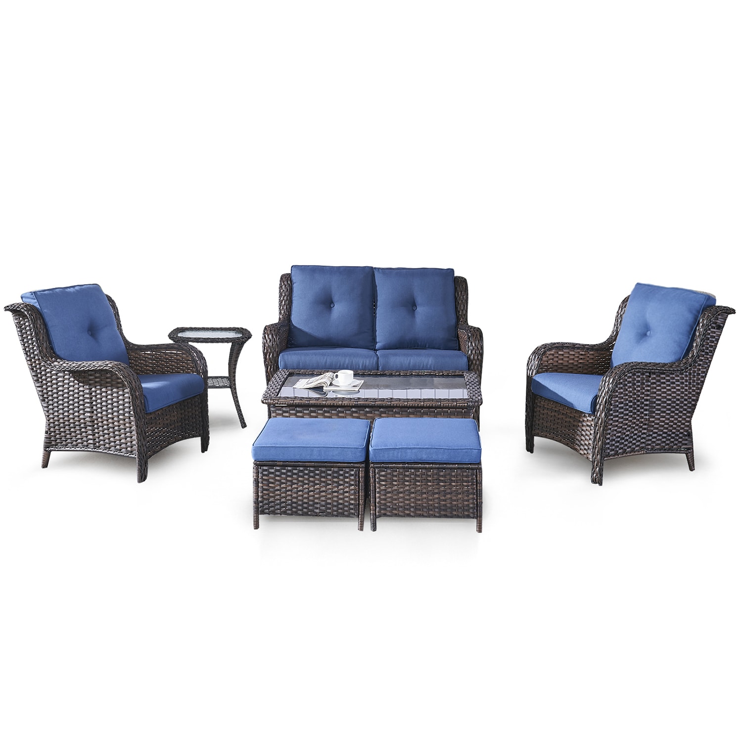 Rilyson FS038018025006014-1 Curved Handrail 7 -Piece Wicker Patio Conversation Set with Blue Cushions