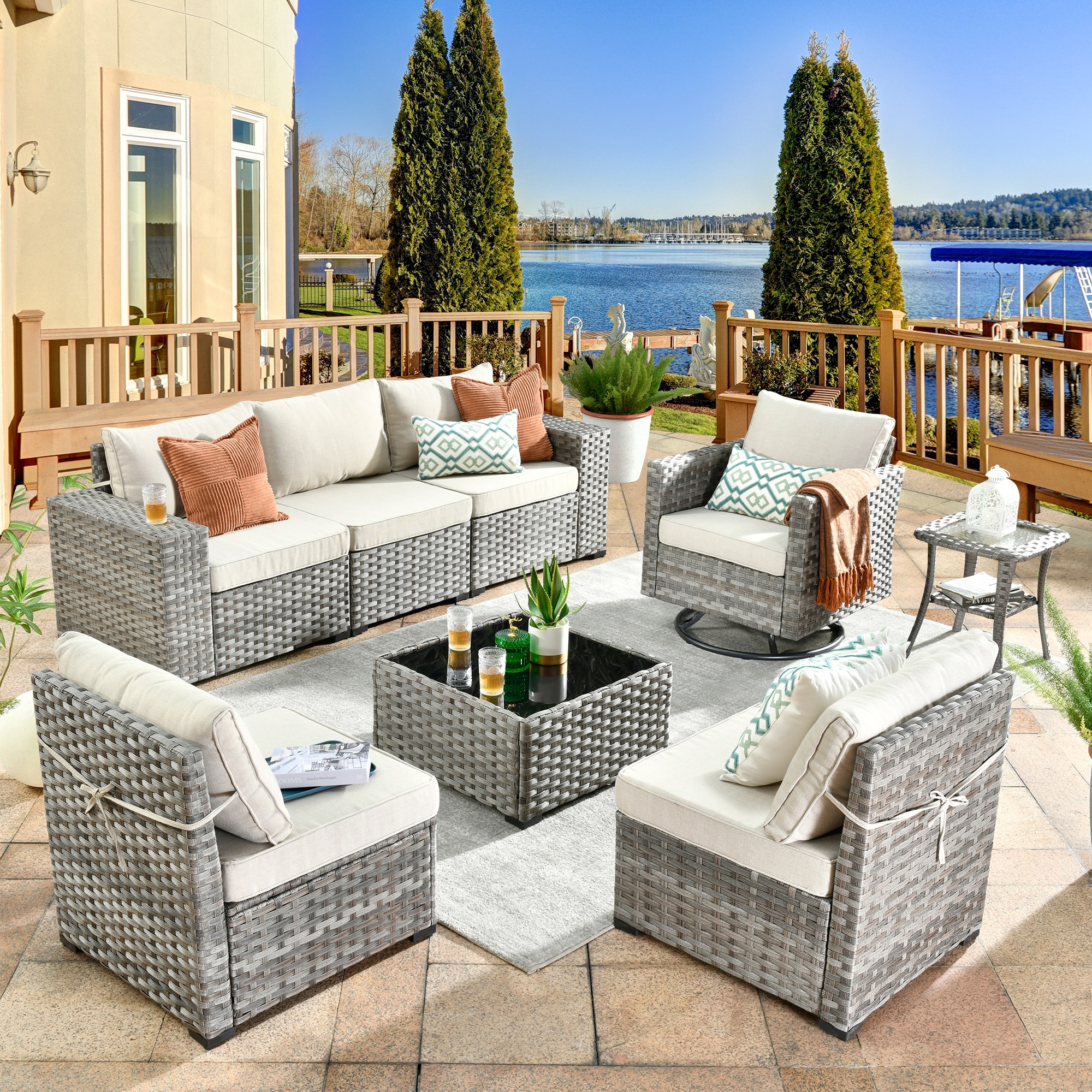 Ovios KFS600Y1 Shine Wicker Outdoor Sectional with Beige Cushions and Iron Frame