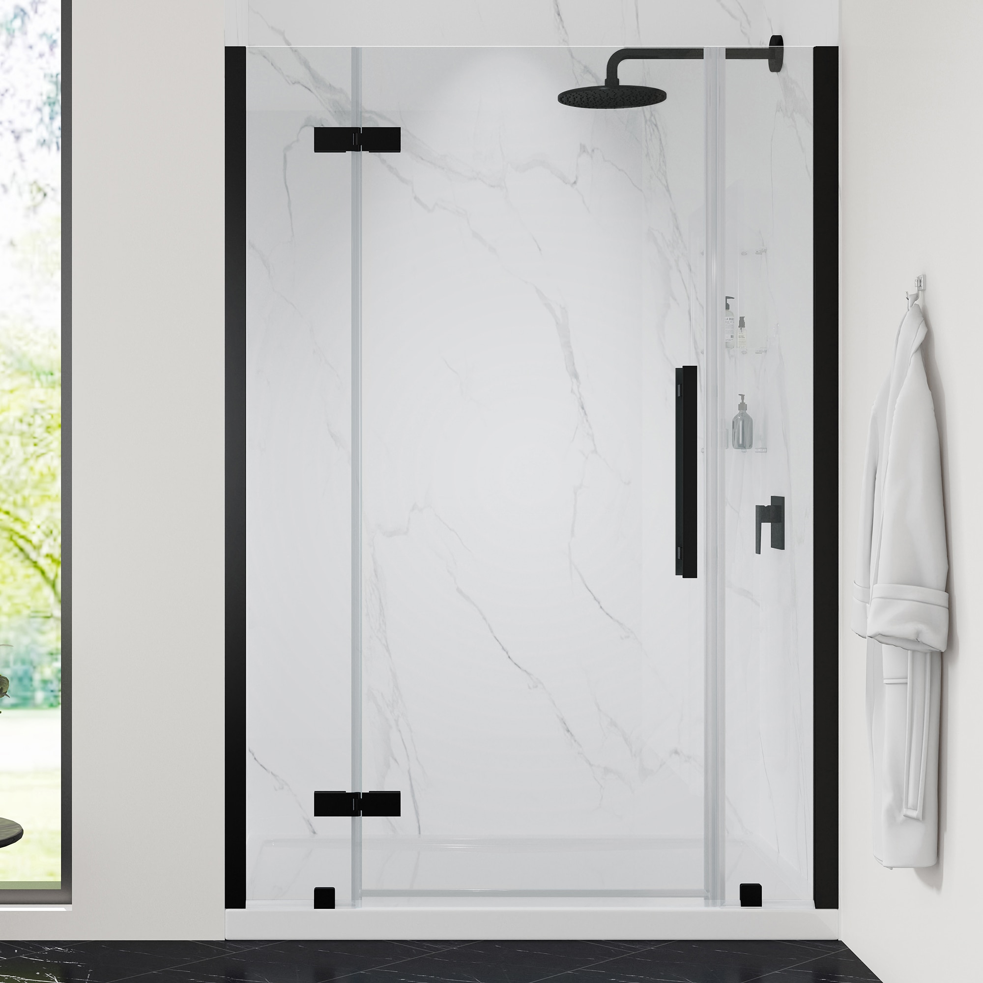 OVE Decors 828796076050 Tampa 48.0-in W x 32.0-in L x 75.0-in H Rectangular Alcove shower kit ( Reversible Drain) Base and Door Included Satin black Hardware Included