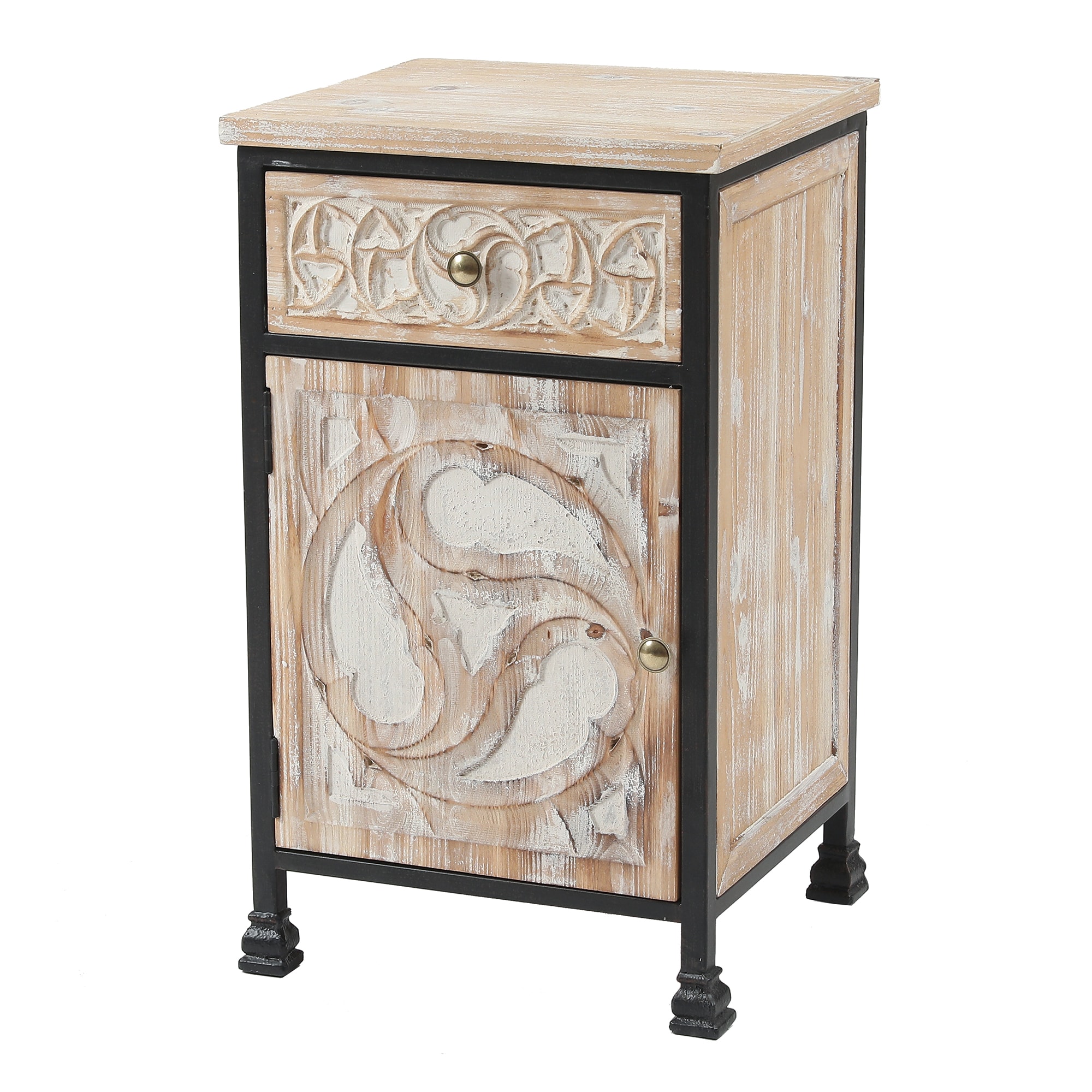 White Fir Wood and Black Iron Bohemian Nightstand with Storage