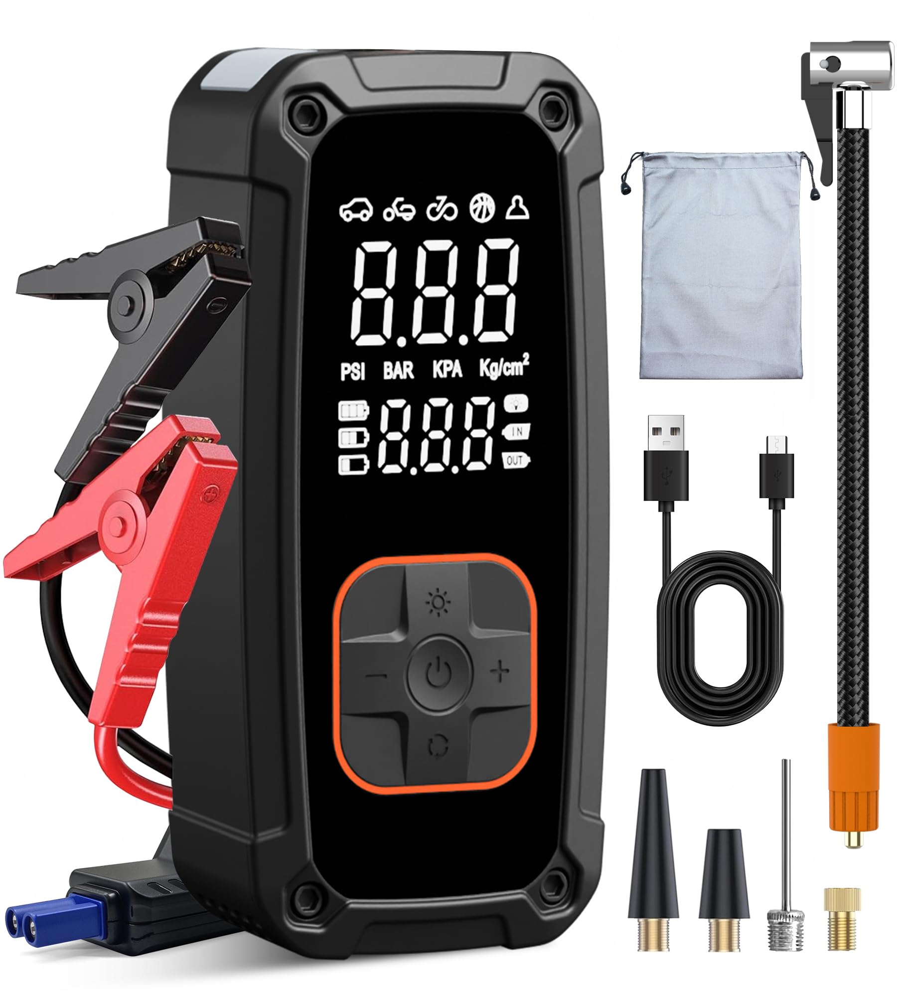 AKSCYZM  Portable Tire Inflator Air Compressor 150PSI with Pressure Gauge for Car Motorcycle Bike Ball Dual LED Light and Jump Starter