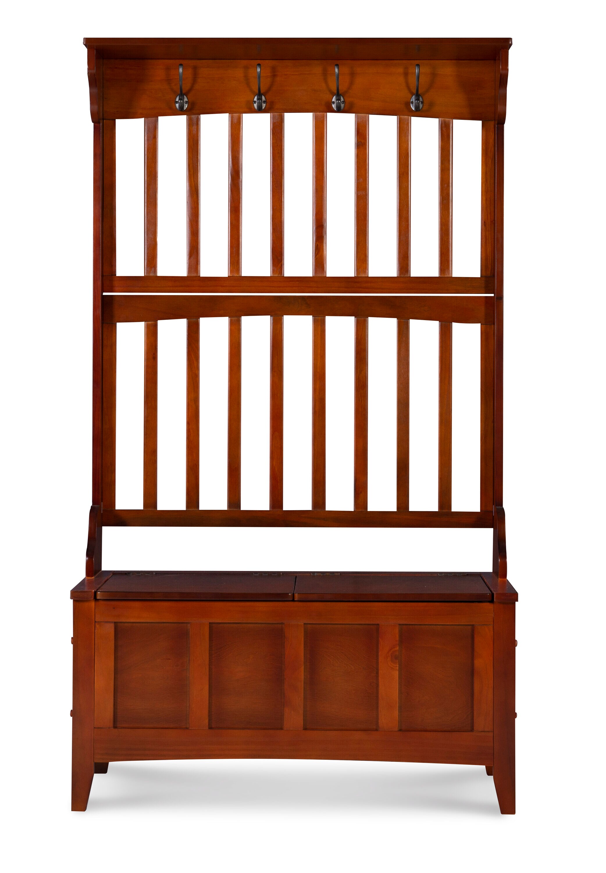 Walnut Finish Split-Seat Storage Hall Tree with Double Hooks