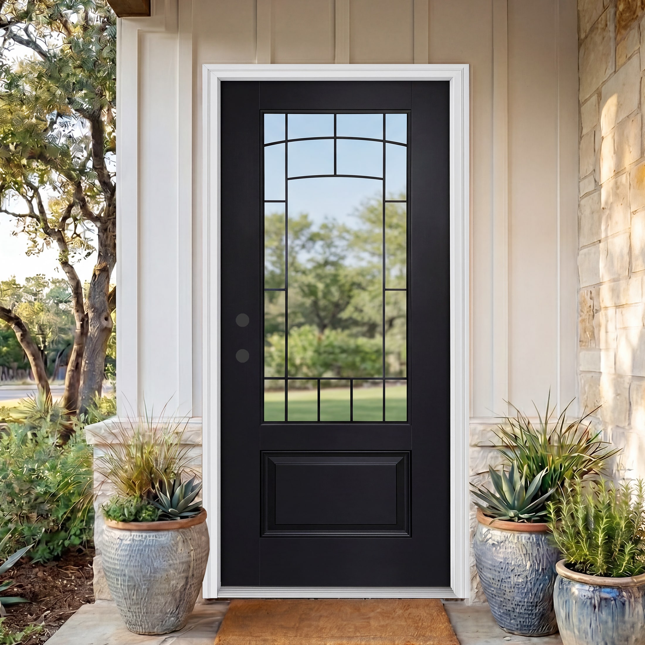 Misty Moon 36-in x 80-in Black Fiberglass Right Hand Inswing Entry Door with 3/4 View Cloud Pattern Glass 4-9/16-in Vinyl Stain Jamb Full Installation Hardware Classic Front Exterior Entry Doors