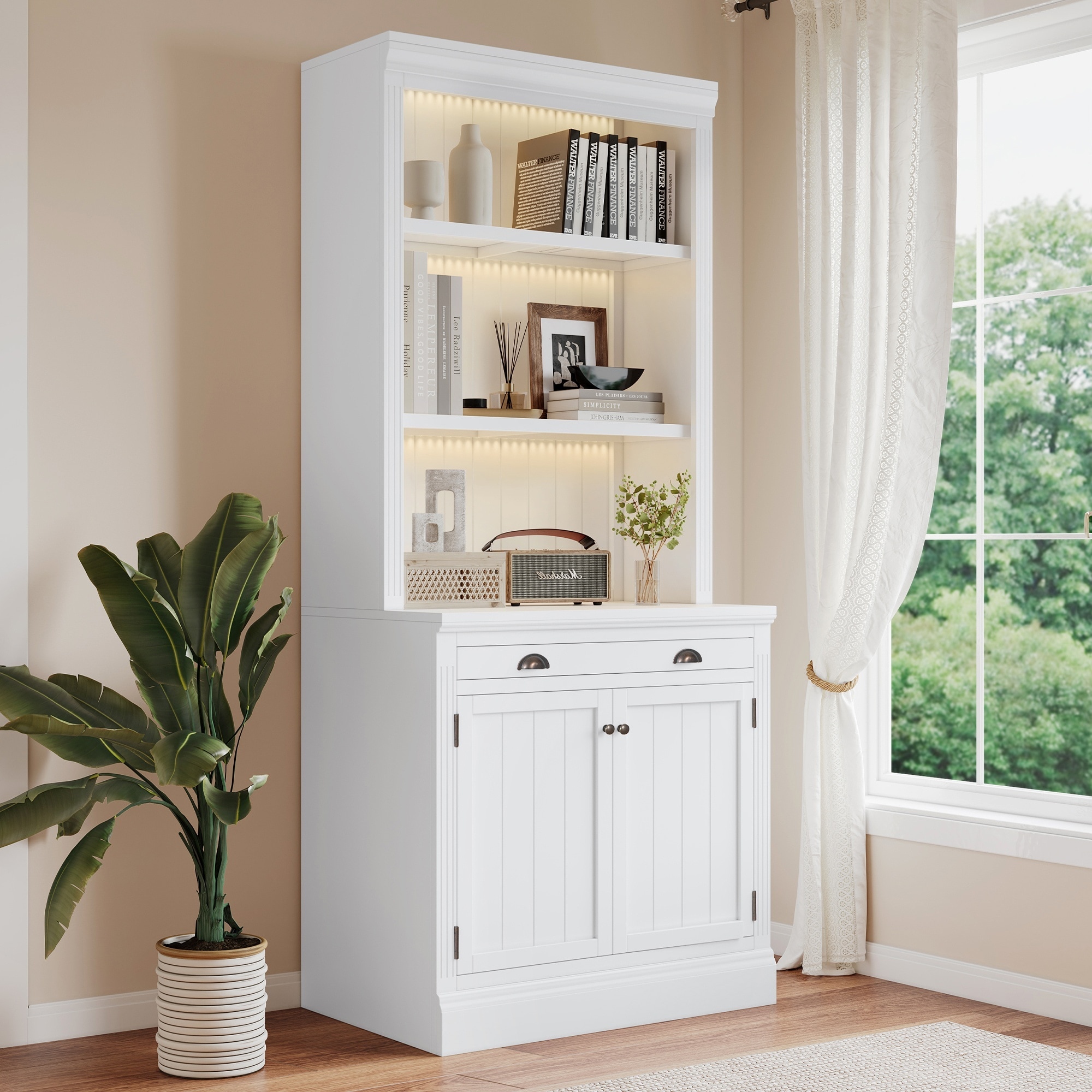 Horizons Prime 83 inch White Solid Wood and MDF Bookshelf with 3 Piece LED Lighting and 2 Doors 1 Drawer