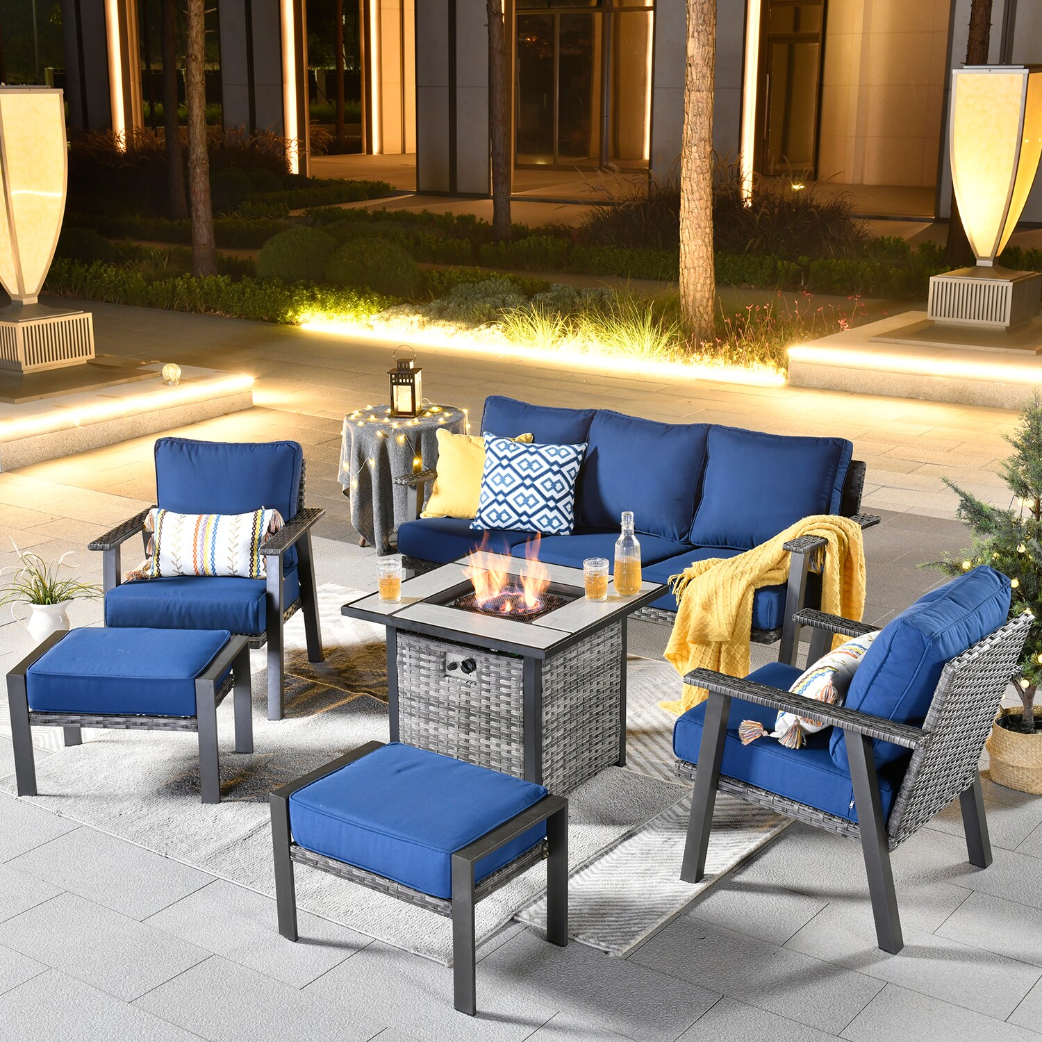 Pouuin SFPHW70TC05 6-Piece Rattan Patio Conversation Set with Blue Olefin Cushions