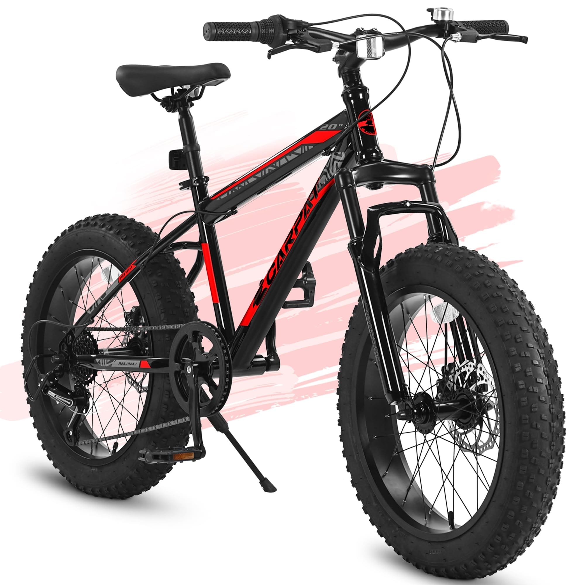 Vorene 20 Inch Kids Mountain Bike High Carbon Steel Frame Disc Brakes Wide Tires Front Suspension 7 Speed Bike for Snow and Off Road Riding