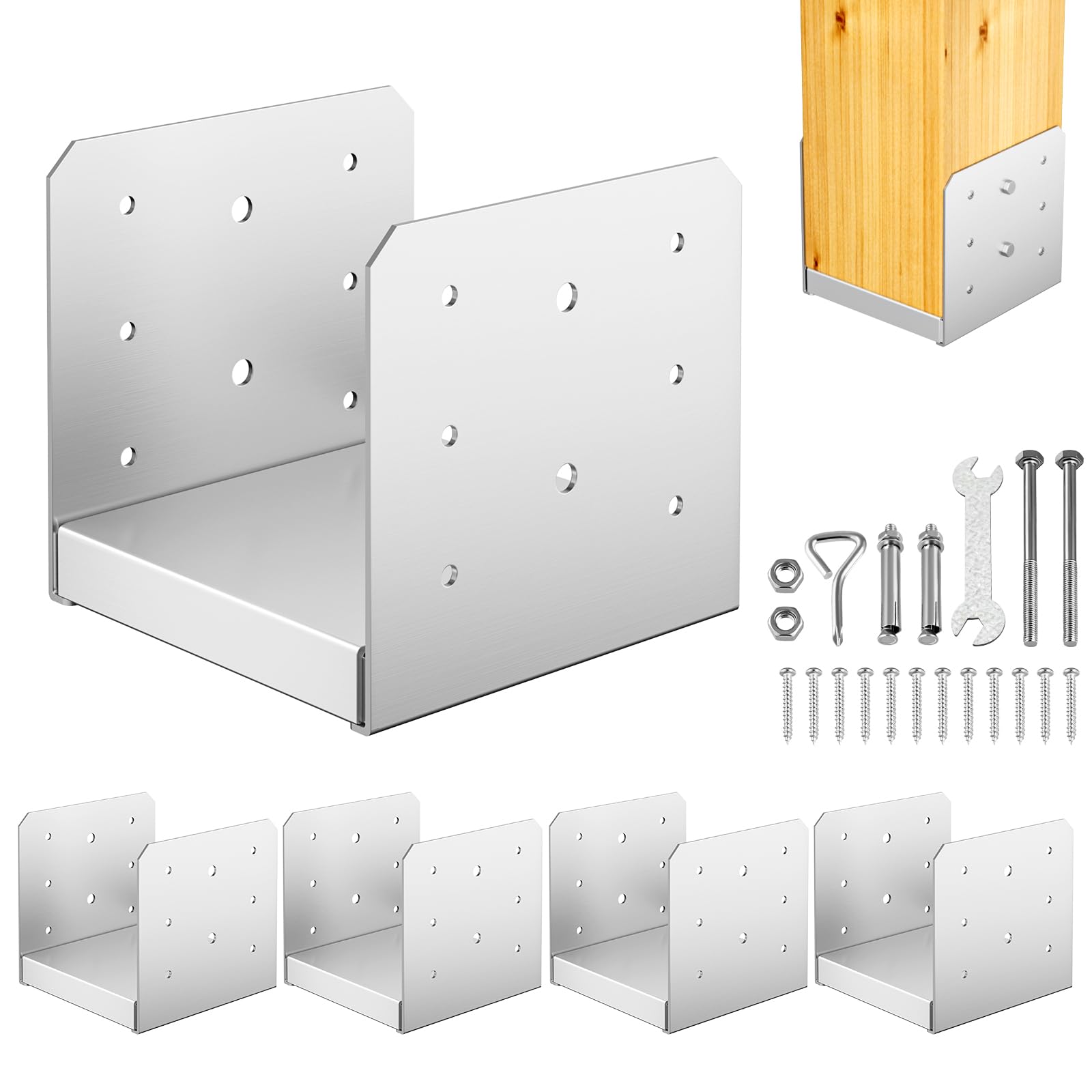 KHKFY  6 x 6 Adjustable Post Base 5 pcs Stainless Steel Post Anchor Bracket for Wood Deck Porch Railing Pavilion Fence Pergola Gazebo Support