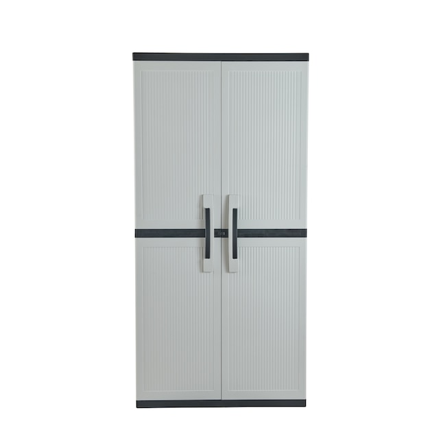 Gray Freestanding Plastic Garage Cabinet Set Adjustable Shelves Lockable Doors