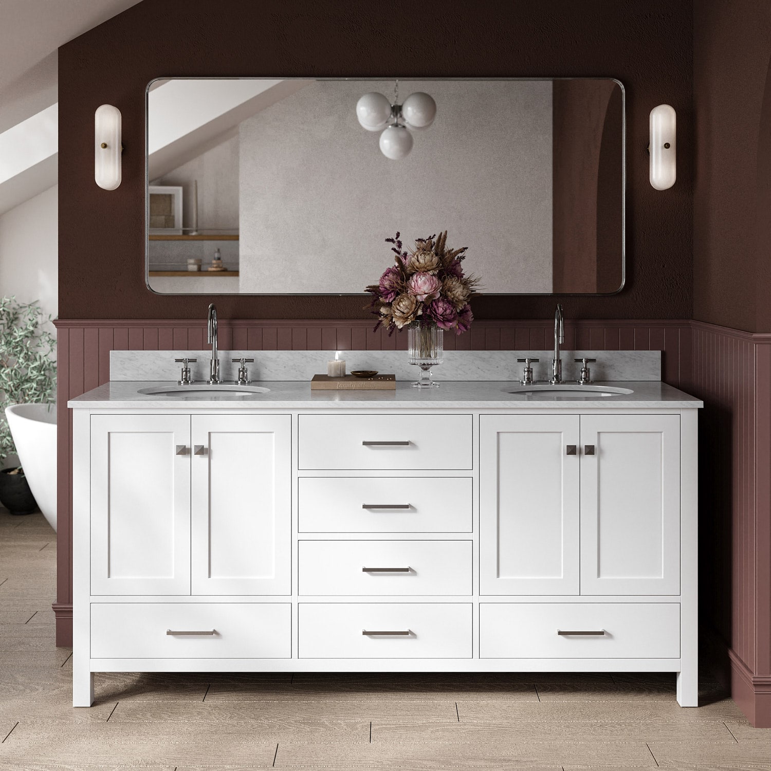 ARIEL A073DCW2OVOWHT Cambridge 73-in White Undermount Double sink Bathroom Vanity with 0.75" Carrara White Marble Natural marble Top