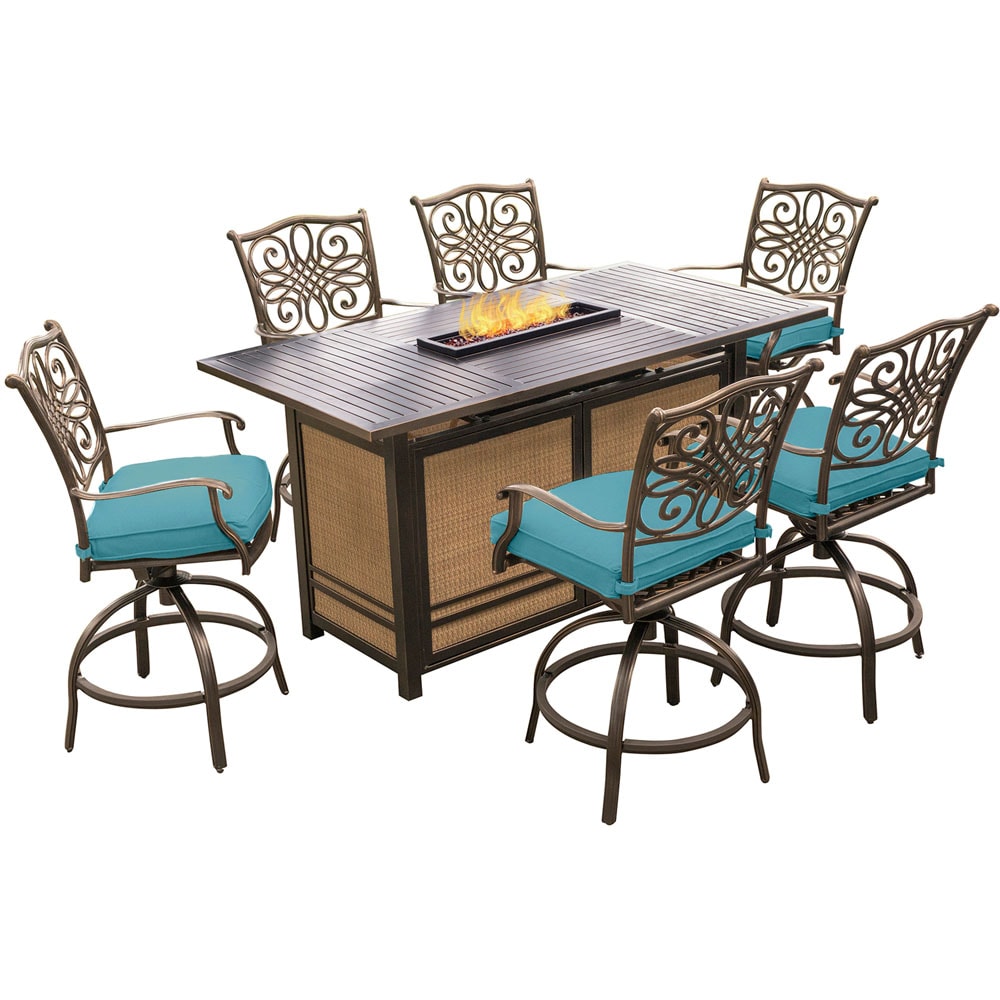 Traditions 7-Piece Bronze Patio Dining Set Aluminum Rectangle Table with 6 Blue Cushions Swivel Chairs (Fire Pit Included) | - Hanover TRAD7PCFPBR-BLU