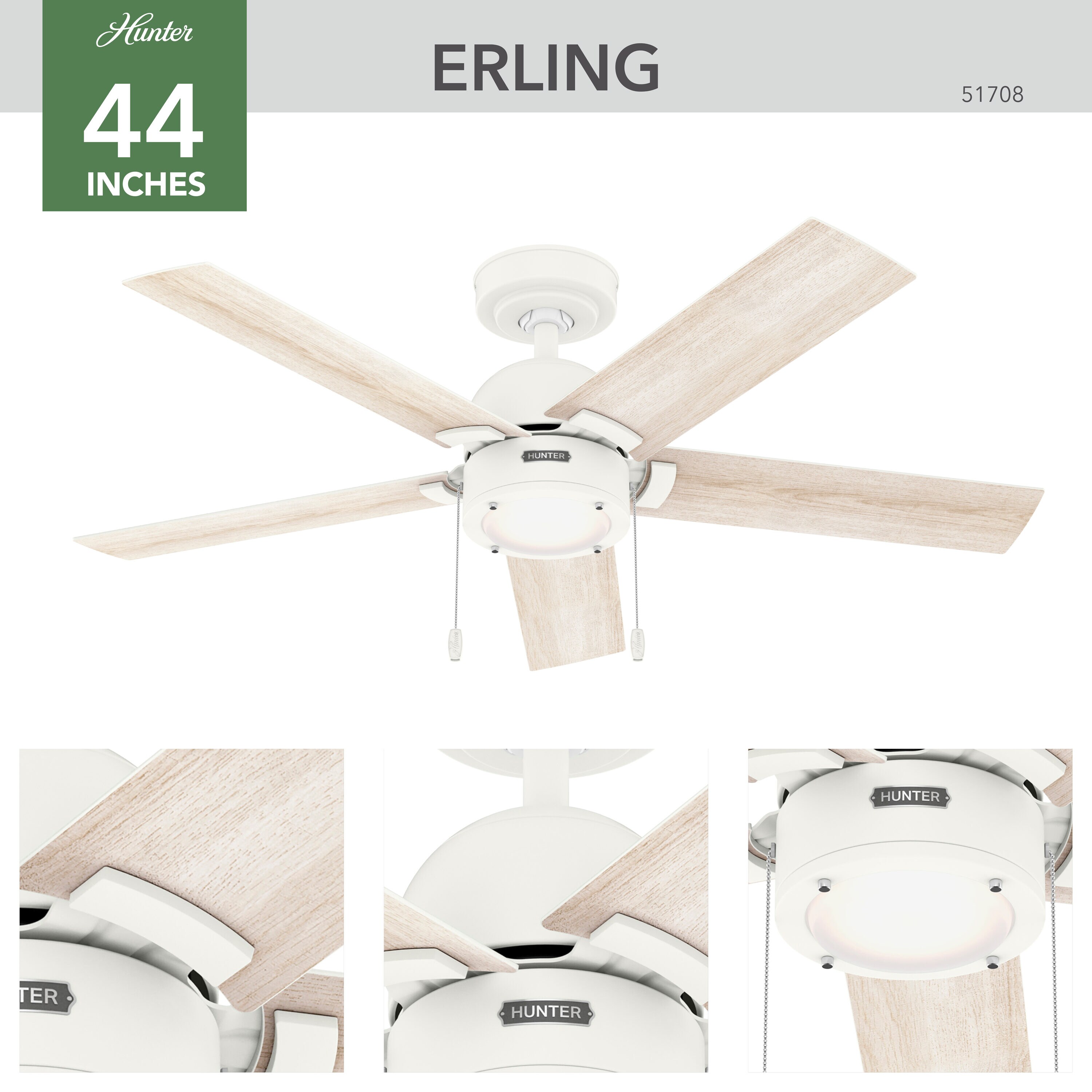 Hunter Erling SureSpeed 44-in Matte White with Bleached Alder Blades ...