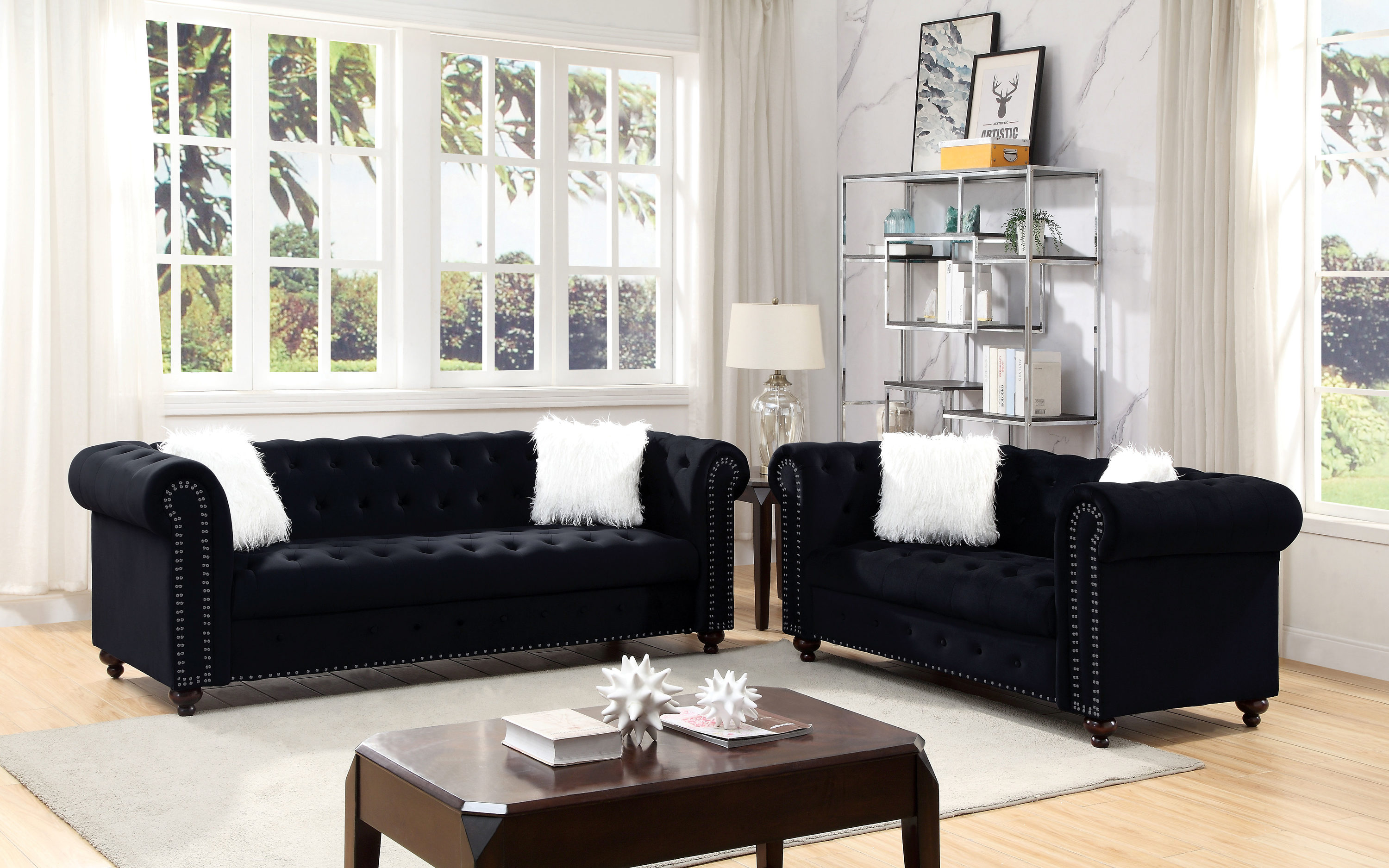 Furniture of America IDF-6240BK-2PC Gallean Modern 4-Piece Velvet Black Living Room Set