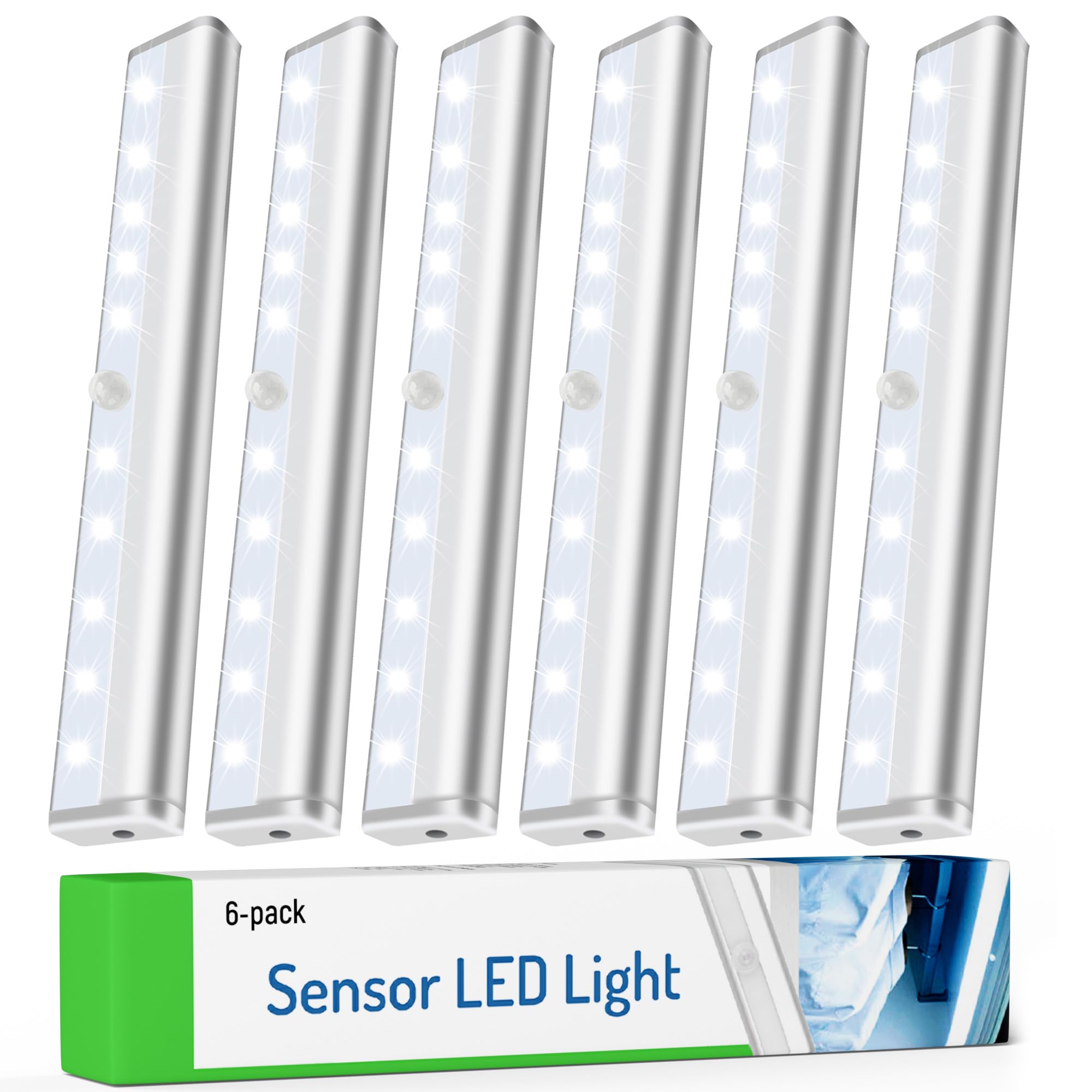 Lukvuzo  Motion Sensor LED Light Pack of Six power cell Operated Stick On Magnetic Night Light Bars for Closet Cabinet Kitchen Hallway Stairway