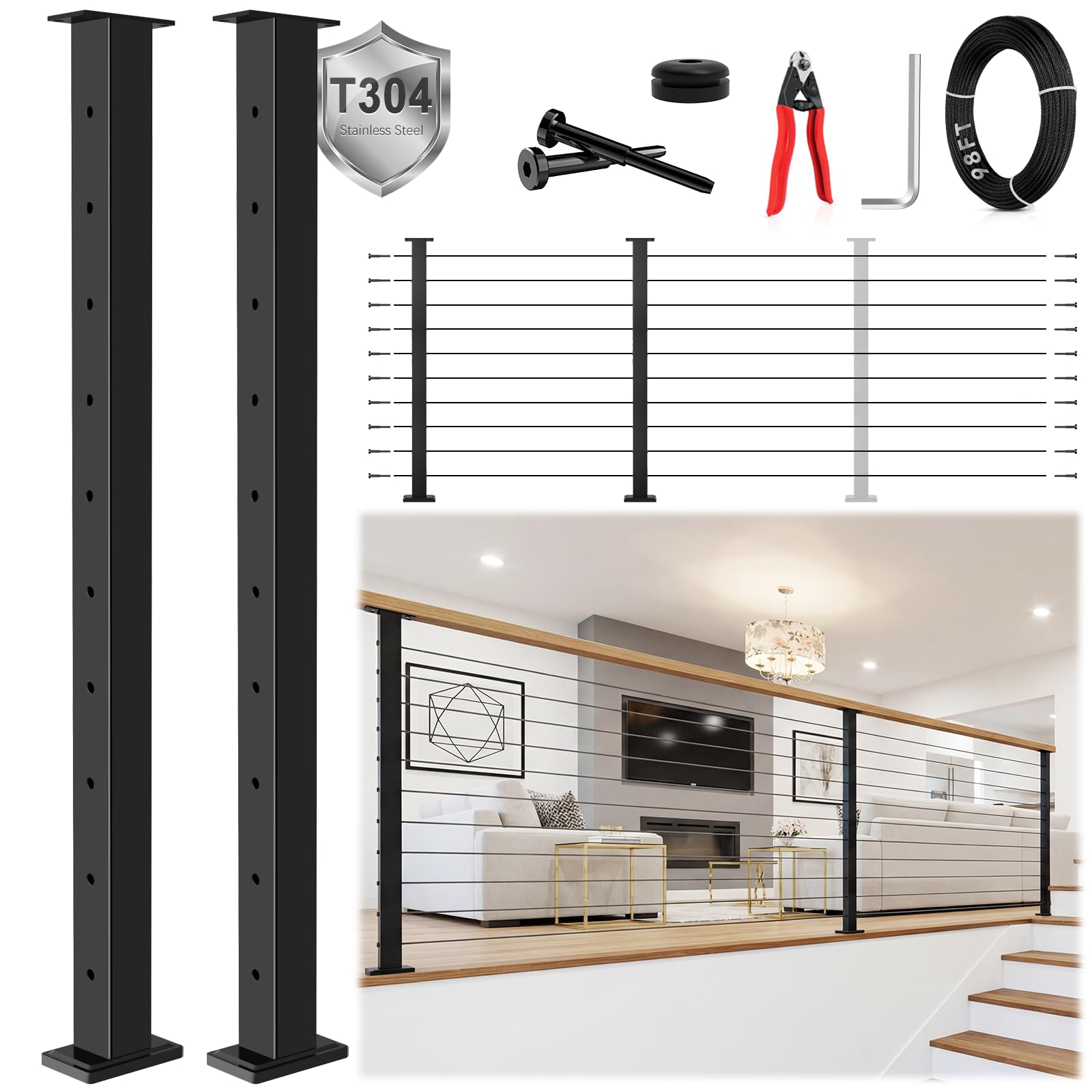Afoxsos  36 Inch Expandable 2 to 8 Foot Black T304 Cable Railing Post Kit Complete Cable Railing System with 2 Level Posts and 98 Foot 1 8 Inch