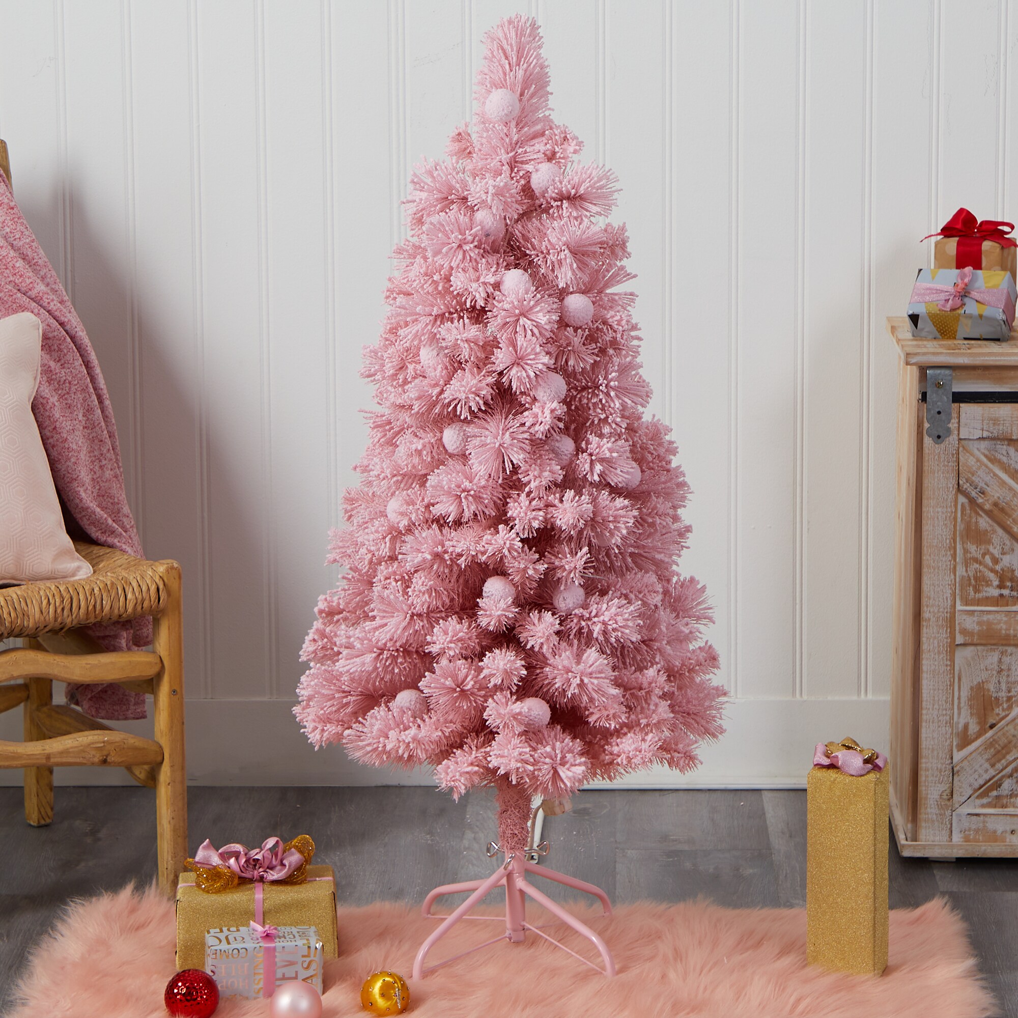 Nearly Natural 4-ft Scotch Pine Pre-lit Traditional Flocked Pink ...