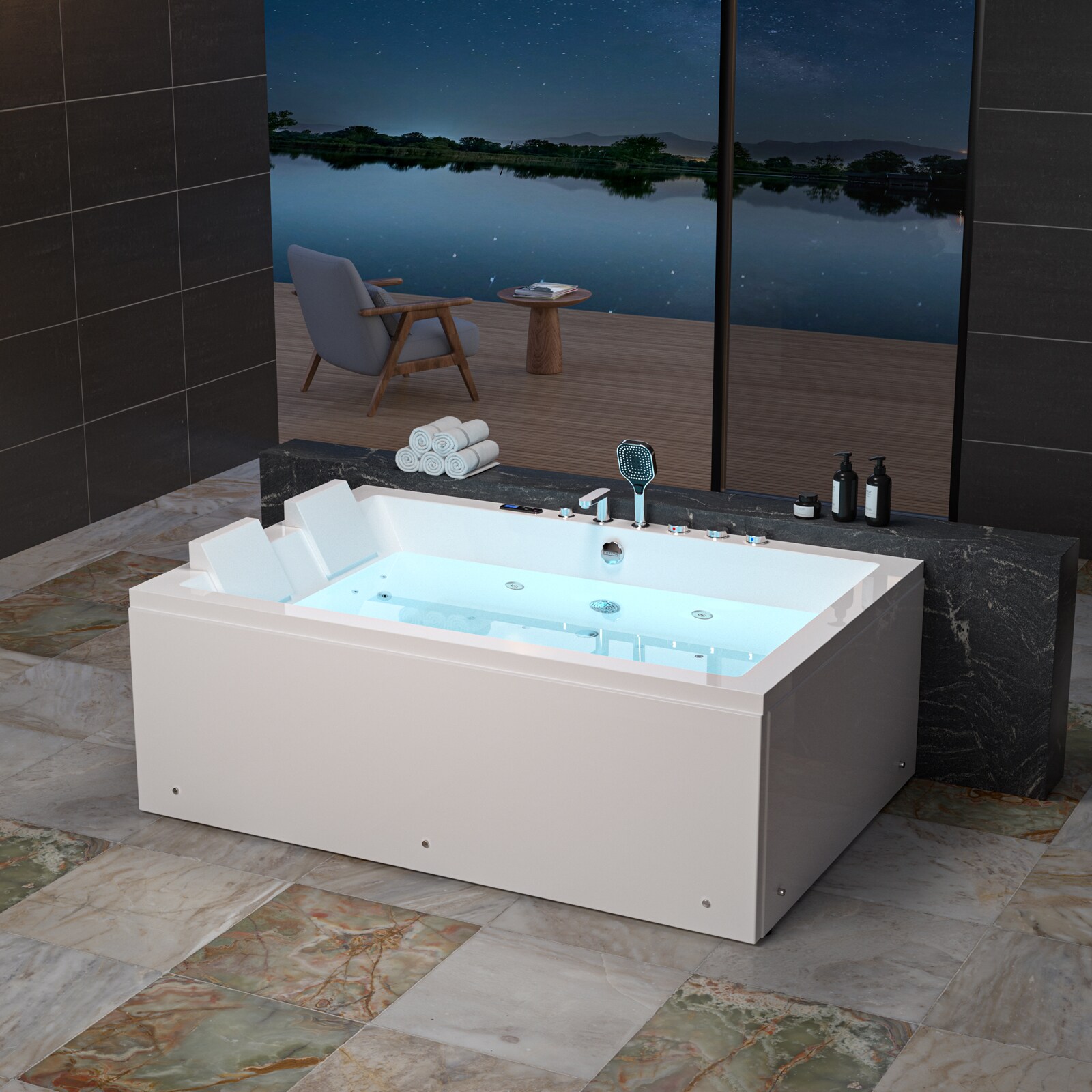 Empava EV-71PRO04 Modern 47-in x 71-in White Acrylic Rectangular Alcove Whirlpool and Air Bath Combination Tub with Faucet Hand Shower with Drain ( Center Drain )