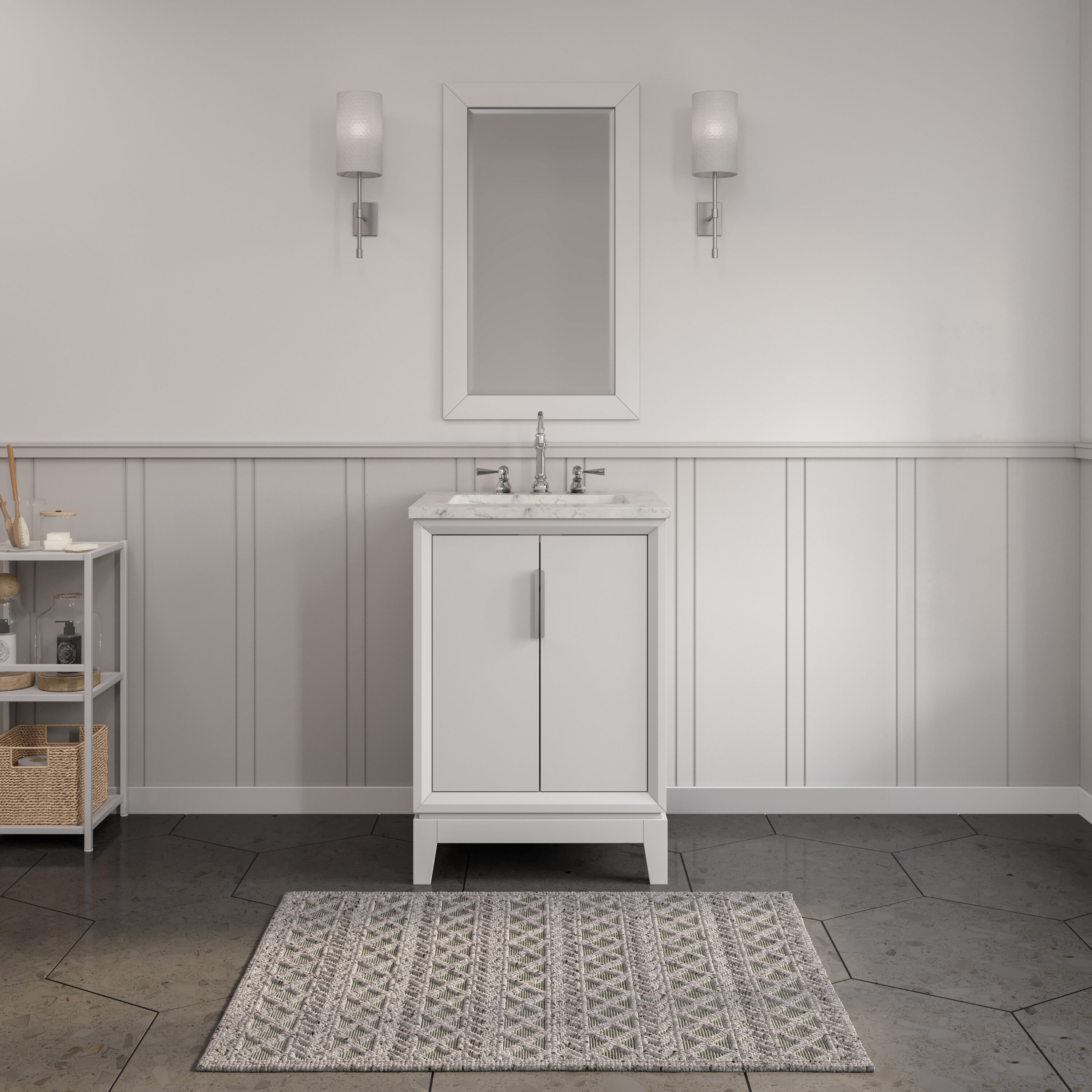 Water Creation VEL024CWPW43 Elizabeth 24-in Pure White Undermount Single sink Bathroom Vanity with Carrara White Natural marble Top (Mirror Included) (Faucet Included)