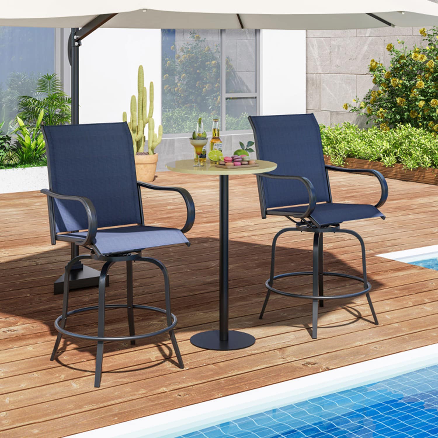 Mondawe MO-NP11924NY2 Set of 2 Black Metal Frame Stationary Bar Stool Chair with Blue Sling Seat