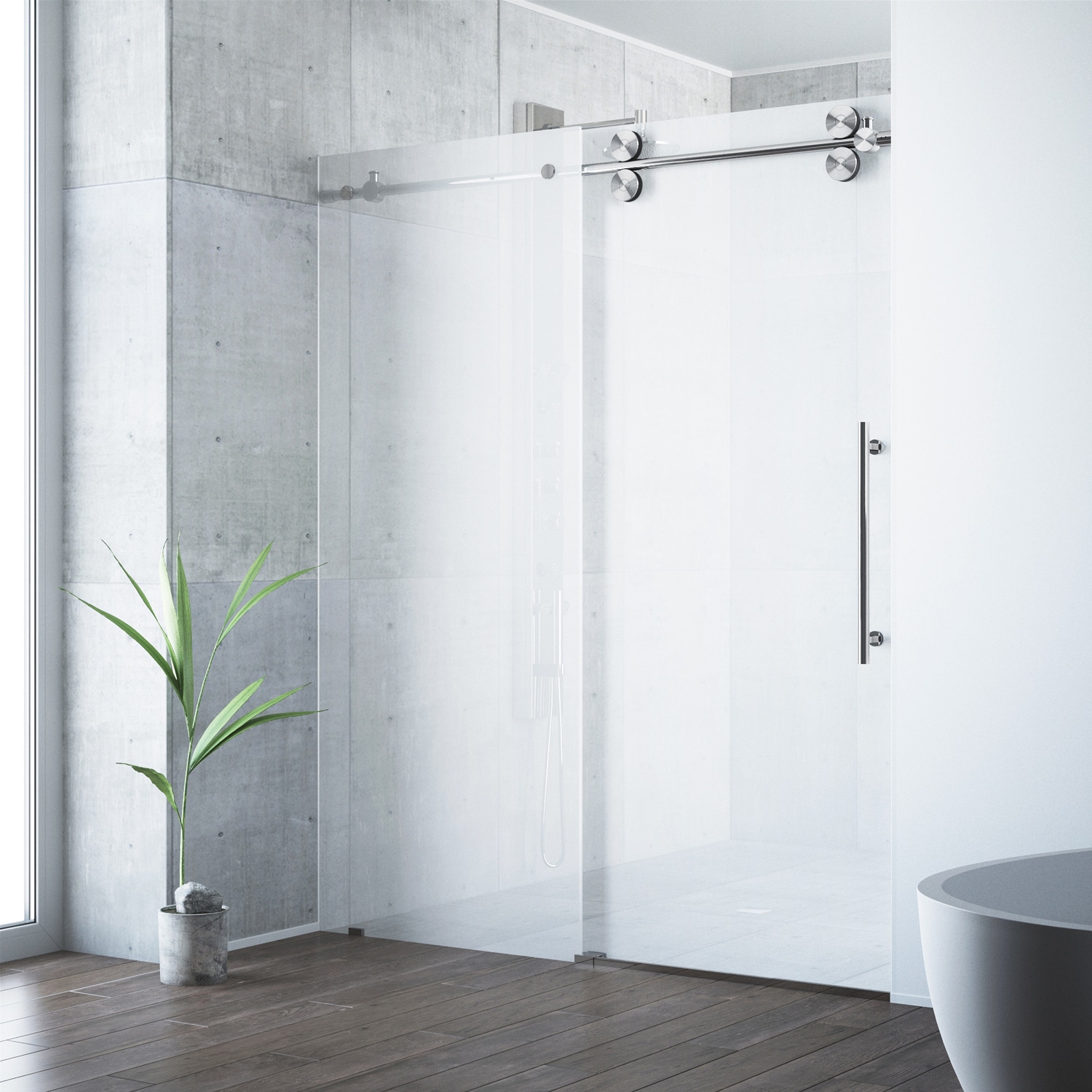 VIGO VG6041STMT6074R Elan Stainless steel 56-in to 60-in W x 74-in H Frameless Sliding Shower door 3/8-in Thick Frosted Glass