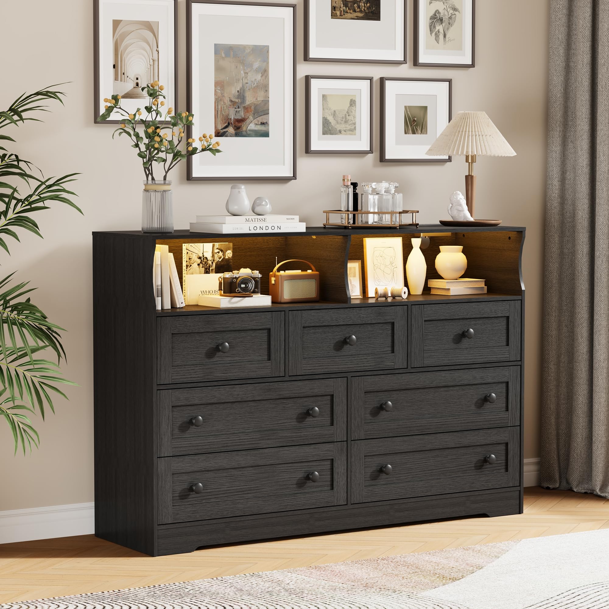 Garvee Dresser for Bedroom with Charging Station and LED Lights 7 Drawer Wooden LED Dresser with 2 Open Storage Cubbies Wide Chest of Drawer for Living Room Closet Kids Room Black