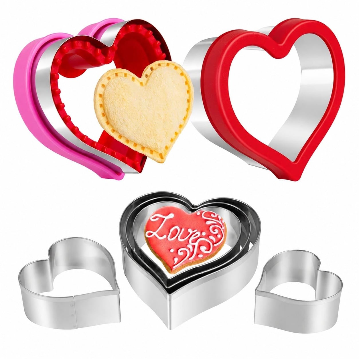 Aoibox  8 Piece Heart Cookie Cutter Set with Sandwich Sealer Stainless Steel and PP 8 Graduating Sizes