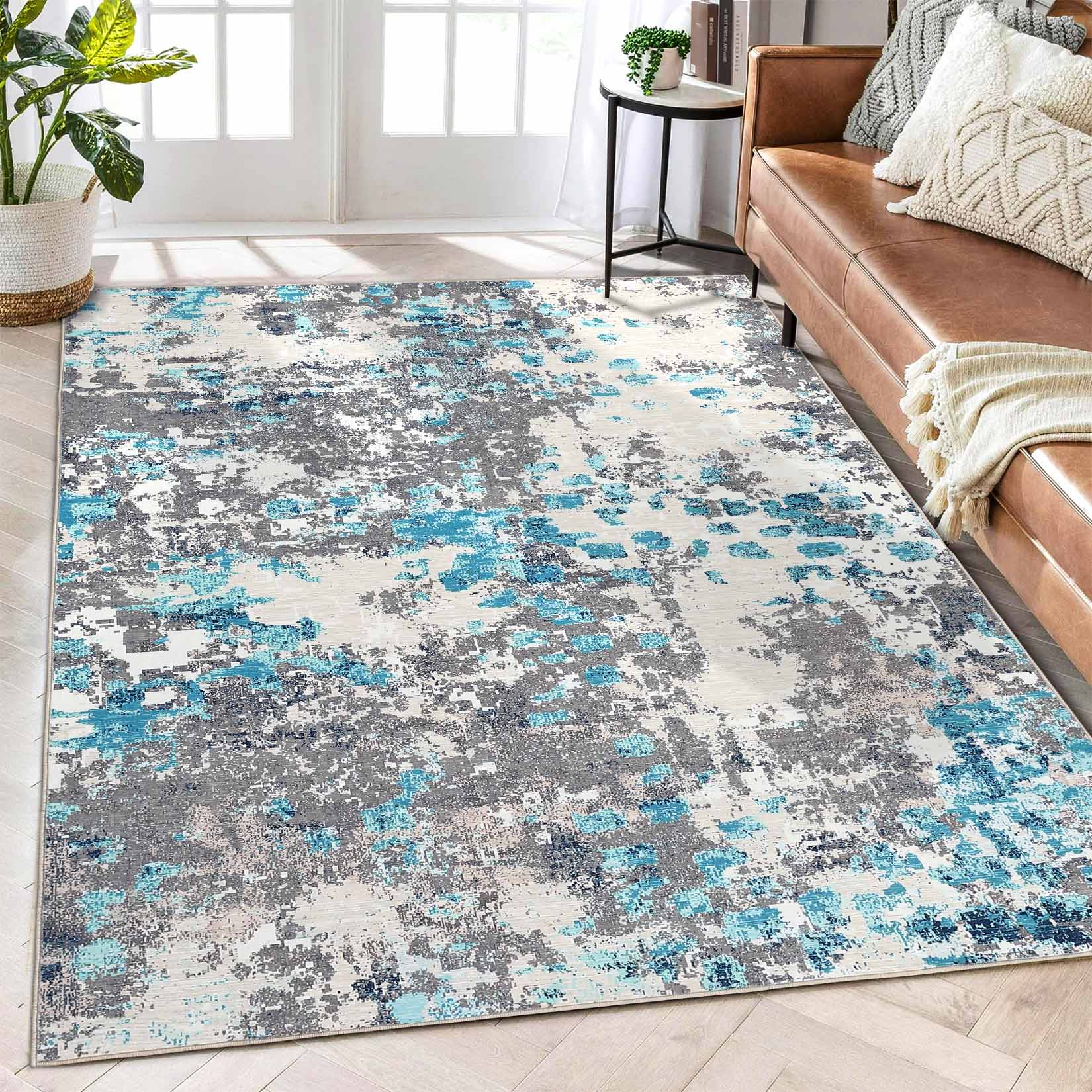 Garvee YXY-LO-PHO-11V4OZS6 5 x 7 (ft) Loomed Polyester Blue/Gray Rectangular Indoor Abstract Mid-Century Modern Machine washable Area rug